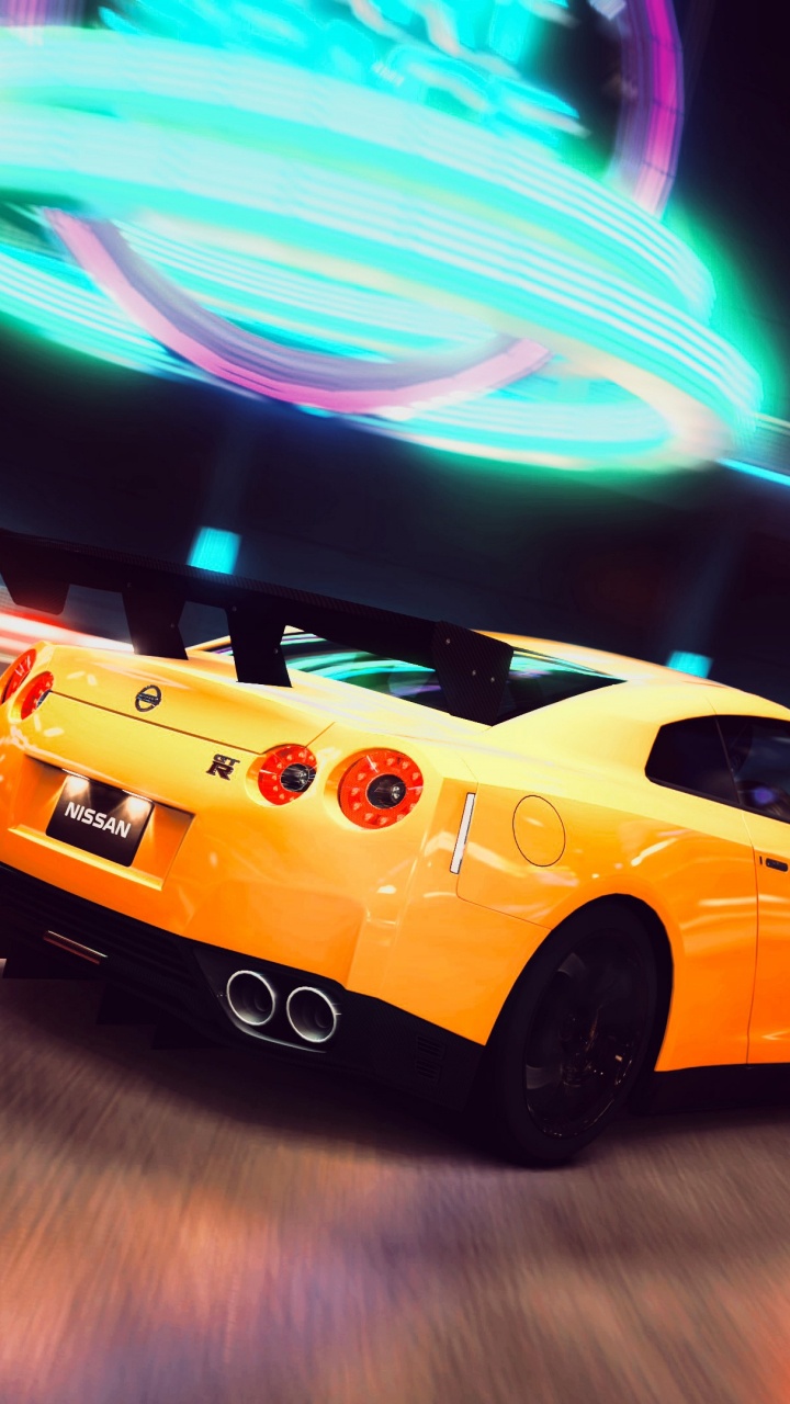 Gelber Porsche 911 Unterwegs in Der Nacht. Wallpaper in 720x1280 Resolution