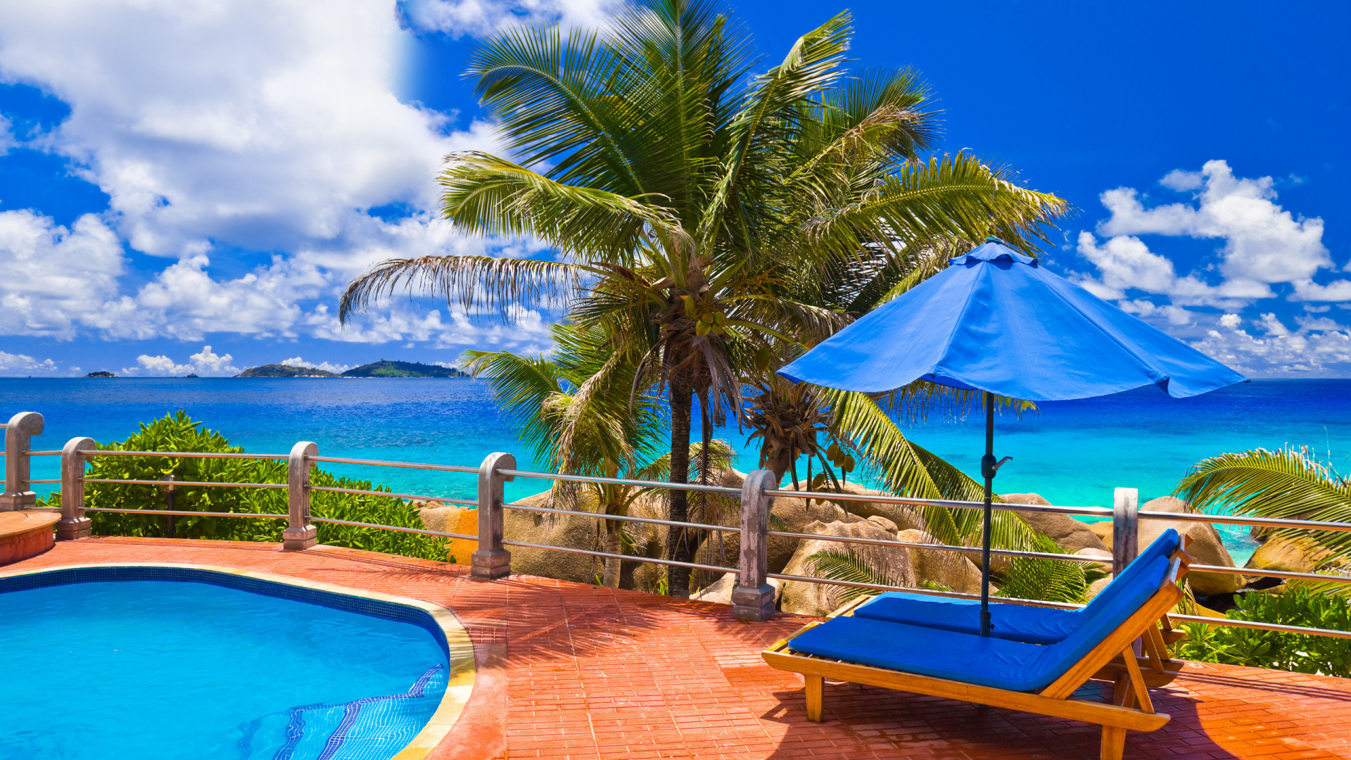 Blue and Brown Lounge Chairs Near Swimming Pool During Daytime. Wallpaper in 1920x1080 Resolution