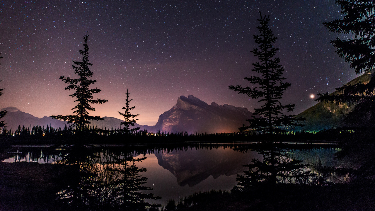 Lac et Arbres Pendant la Nuit. Wallpaper in 1280x720 Resolution