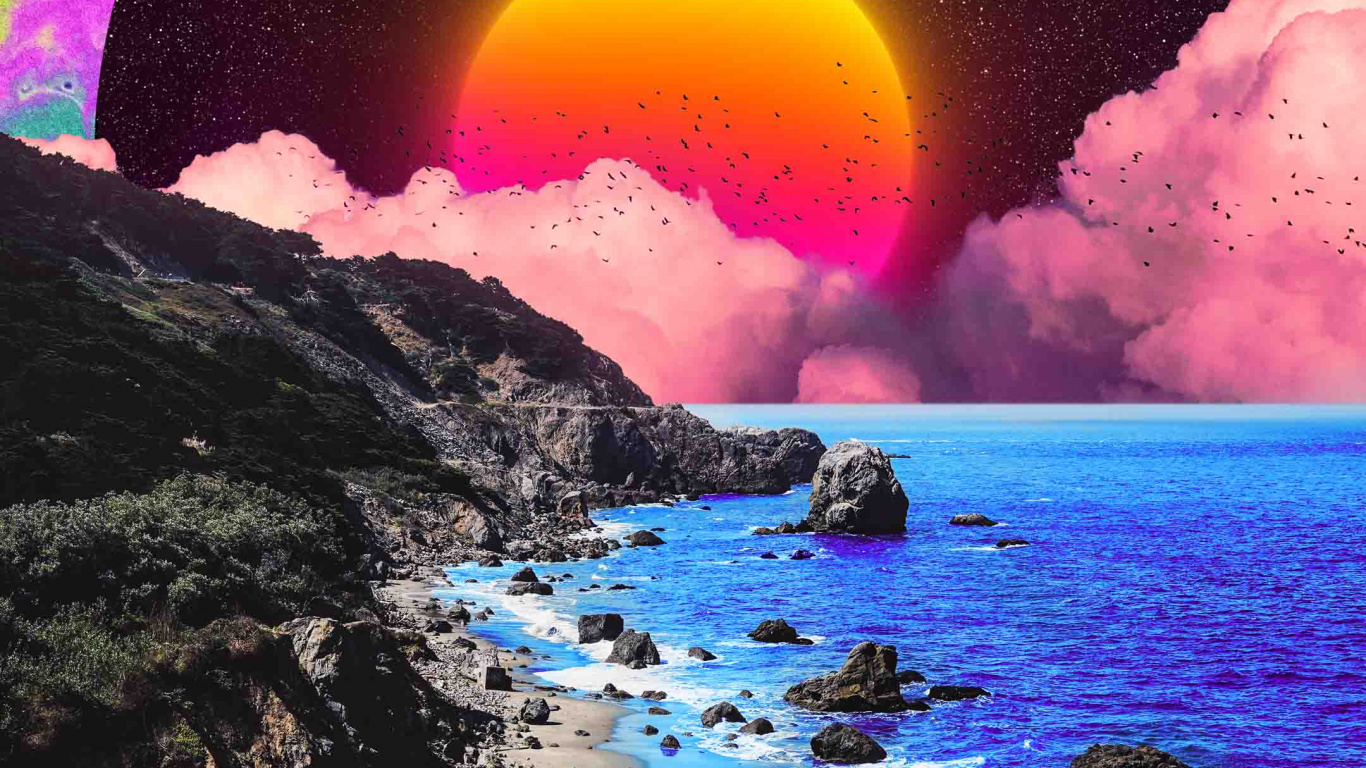 Nature, Art, Booby, Painting, Water. Wallpaper in 1366x768 Resolution