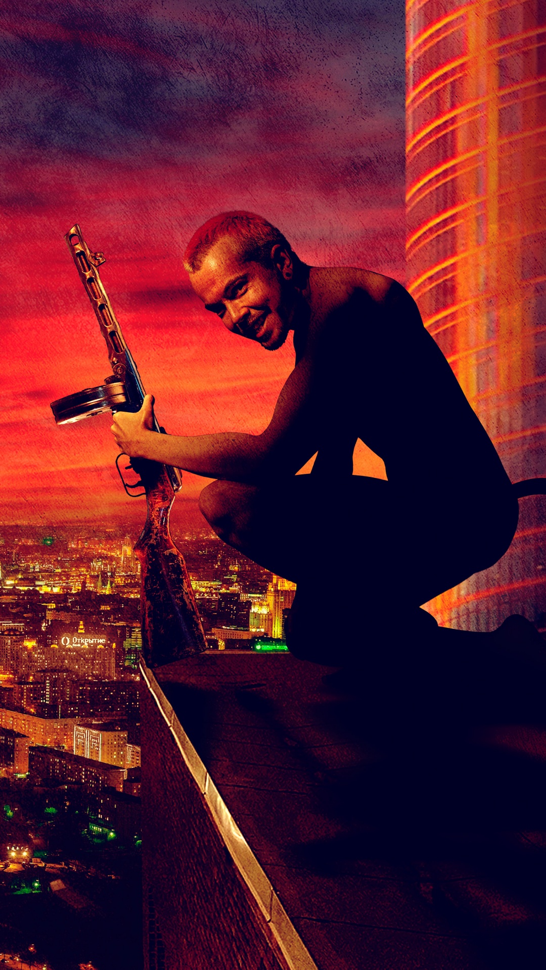 Homme en T-shirt Ras du Cou Noir Jouant de la Guitare Au-dessus du Bâtiment Pendant la Nuit. Wallpaper in 1080x1920 Resolution