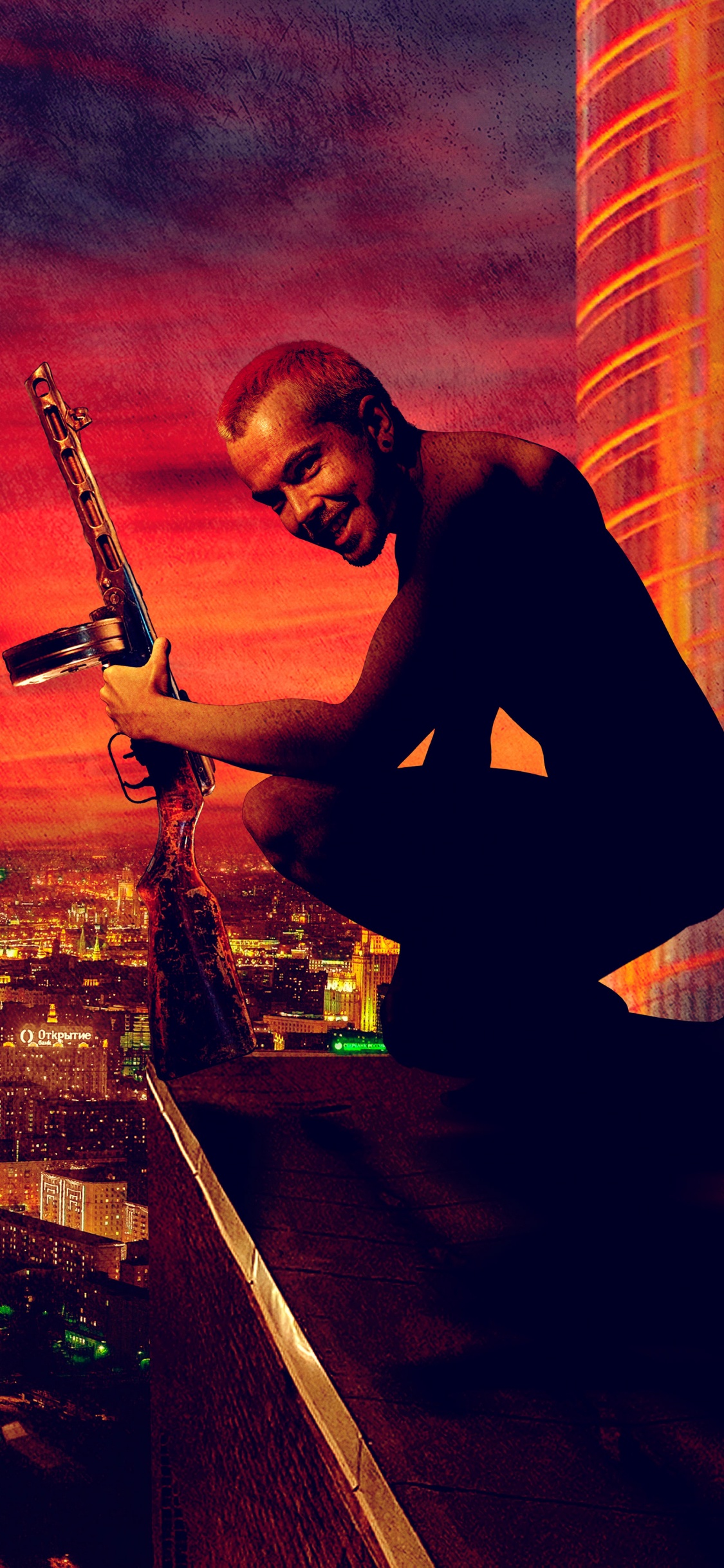 Homme en T-shirt Ras du Cou Noir Jouant de la Guitare Au-dessus du Bâtiment Pendant la Nuit. Wallpaper in 1125x2436 Resolution