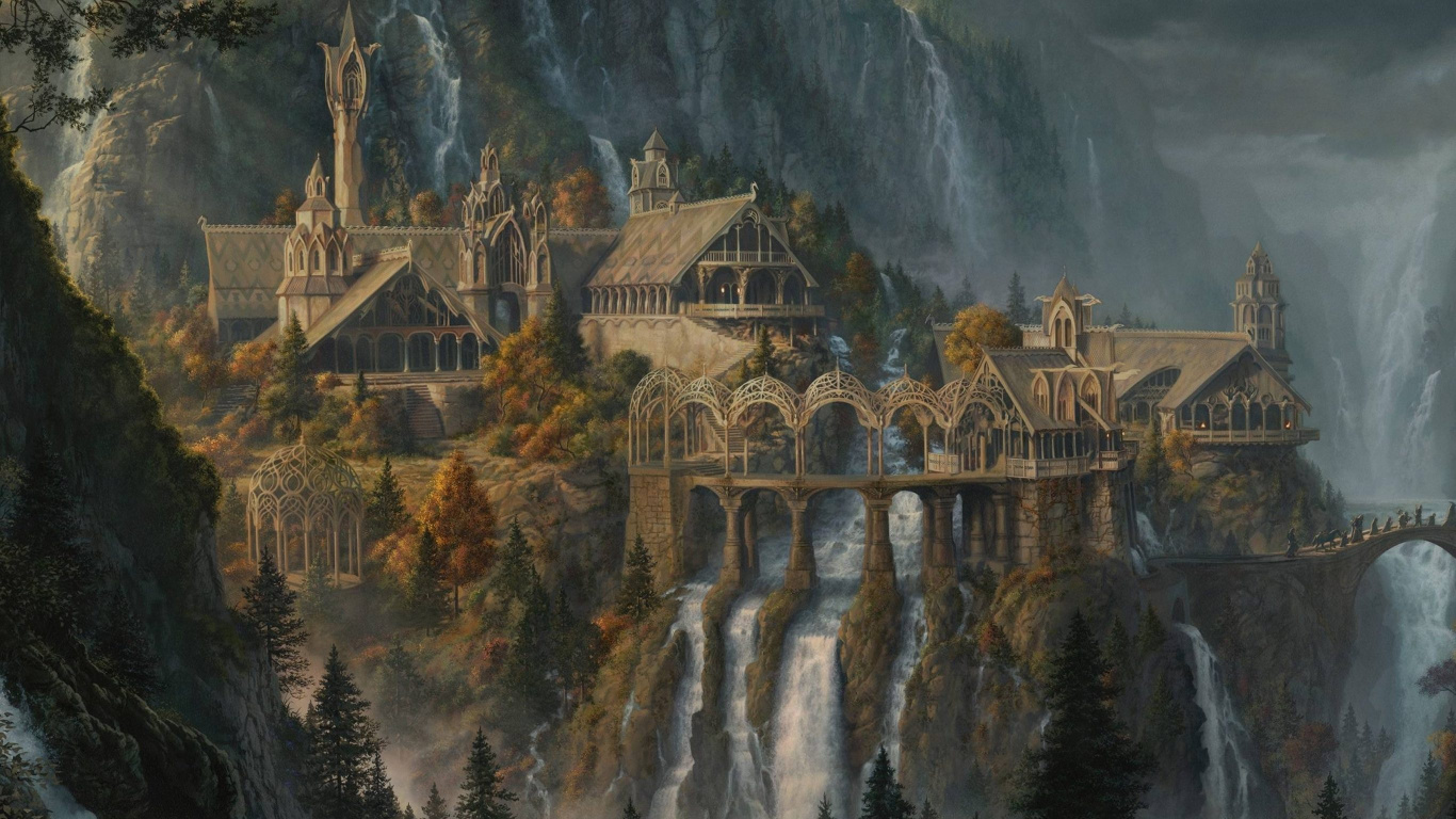 Brown Concrete Building Near Body of Water Painting. Wallpaper in 1366x768 Resolution