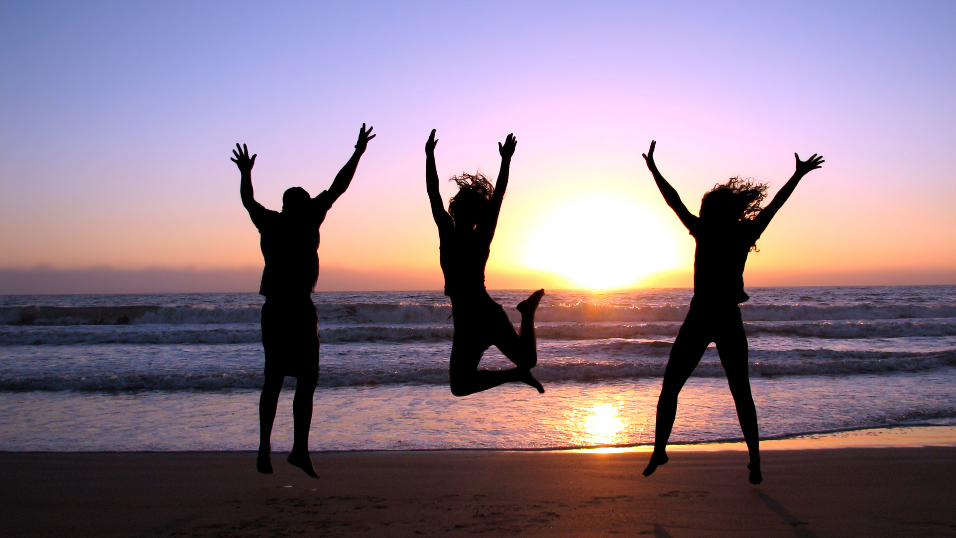 Fun, Sunset, Shore, Girl, Beach. Wallpaper in 1920x1080 Resolution