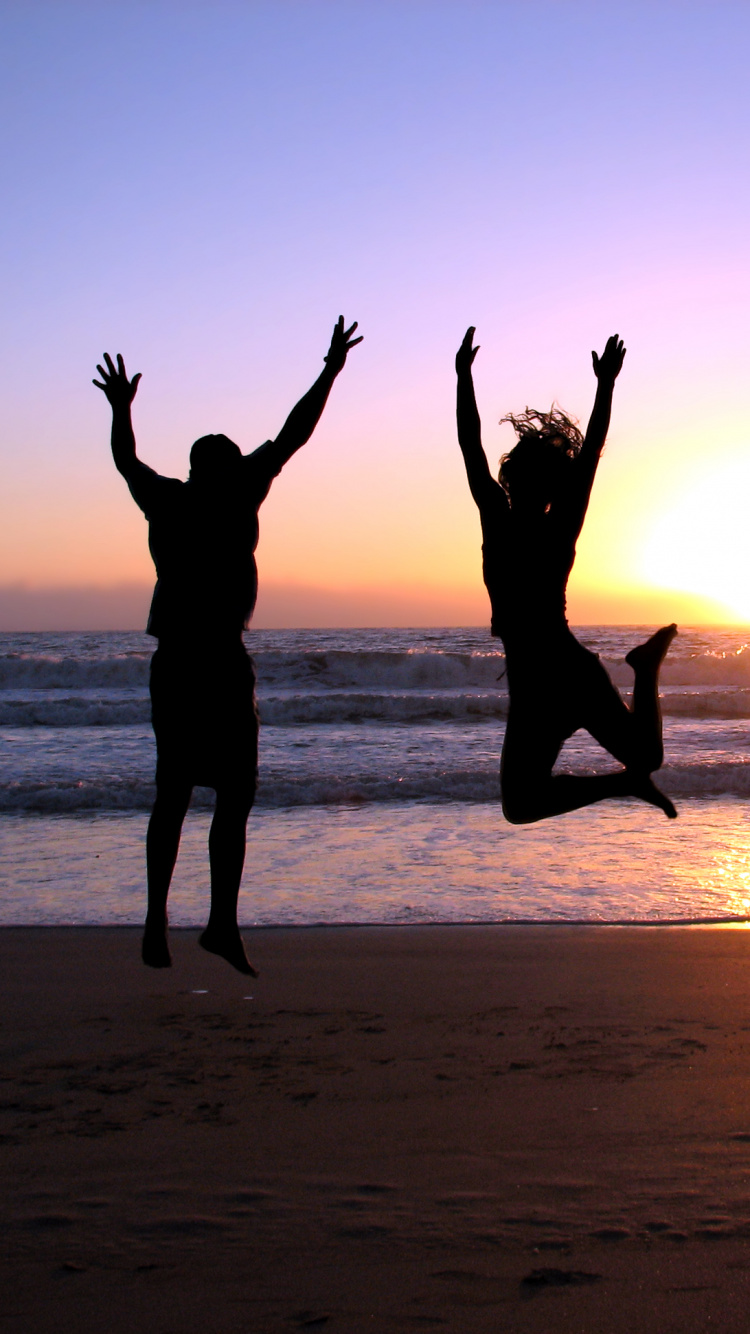 Fun, Sunset, Shore, Girl, Beach. Wallpaper in 750x1334 Resolution