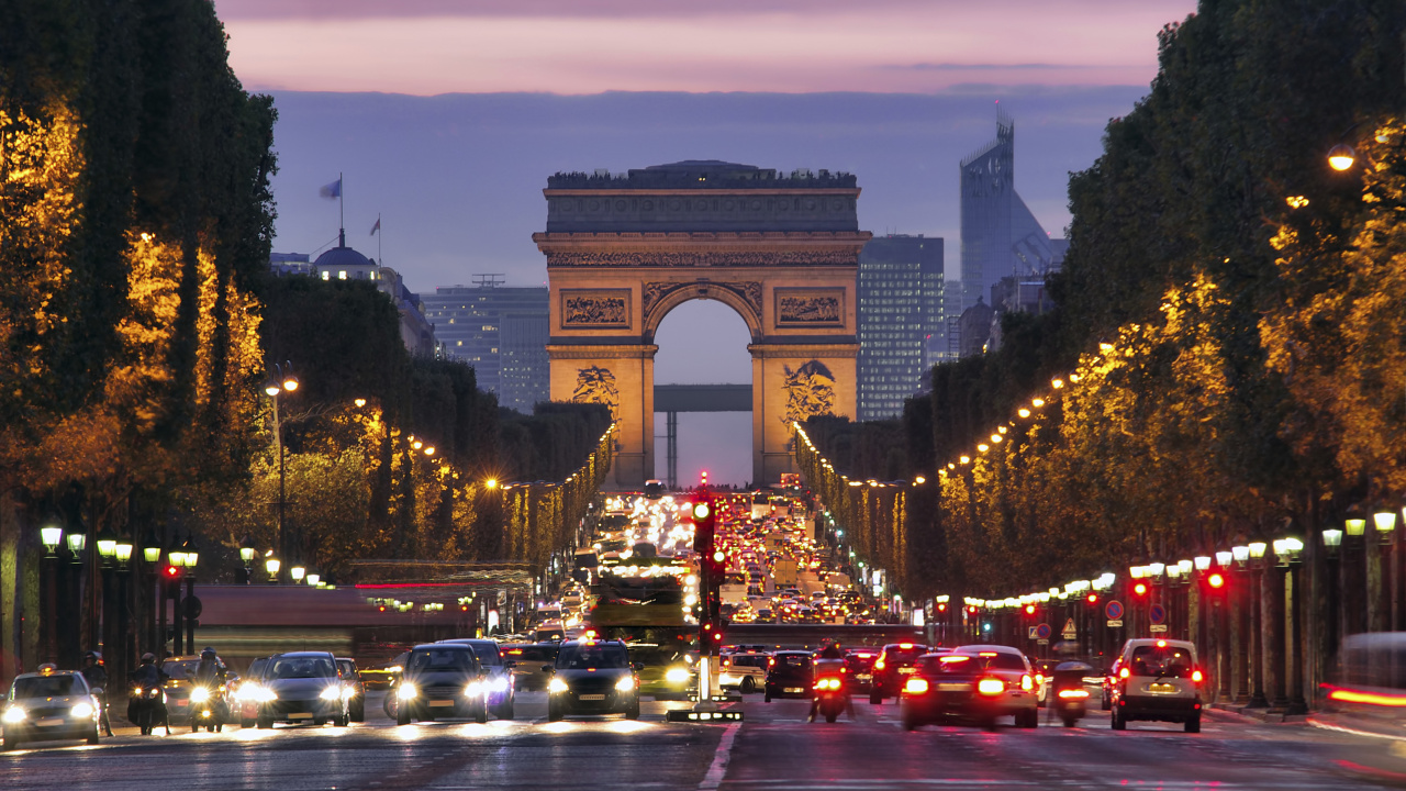 Cars on Road Near Arch Gate During Night Time. Wallpaper in 1280x720 Resolution