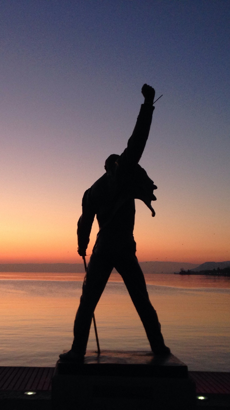 Freddie Mercury Statue, Queen, Sunset, Silhouette, Statue. Wallpaper in 750x1334 Resolution