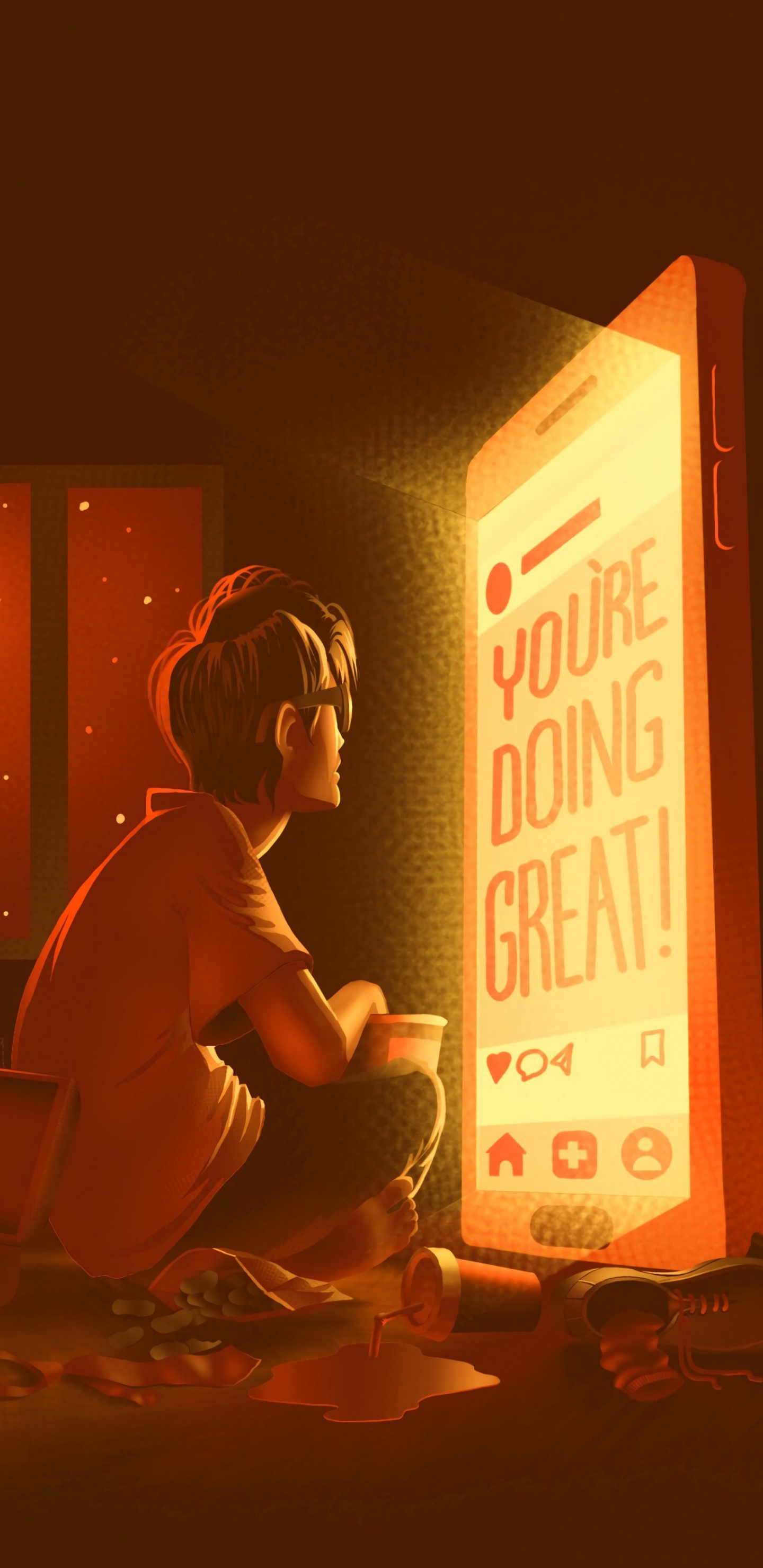 Mujer, En, Rojo, Camiseta Sin Mangas, Sentado, Cama. Wallpaper in 1440x2960 Resolution