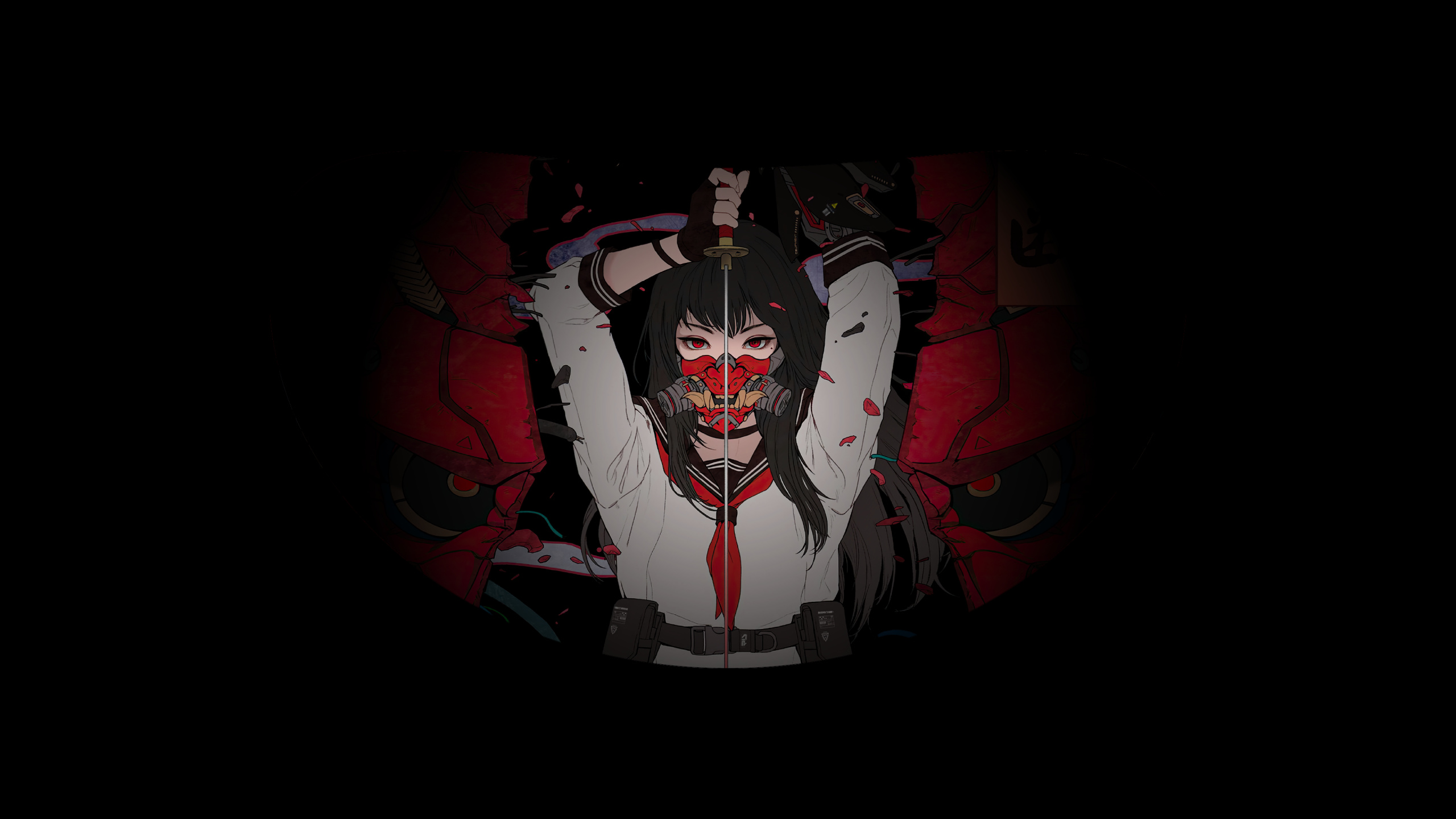 Samurai, Anime, Samurai Anime Mask, Darkness, Carmine. Wallpaper in 2560x1440 Resolution