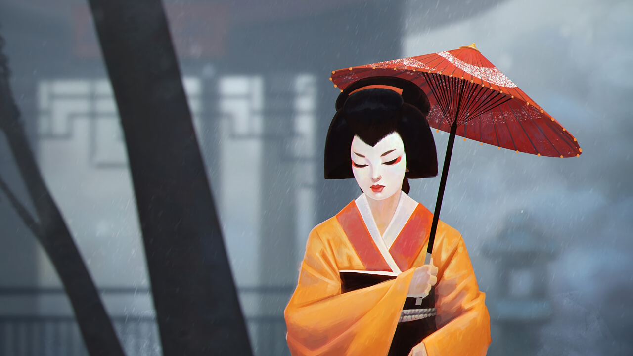 Femme en Kimono Orange Debout Dans Les Escaliers. Wallpaper in 1280x720 Resolution