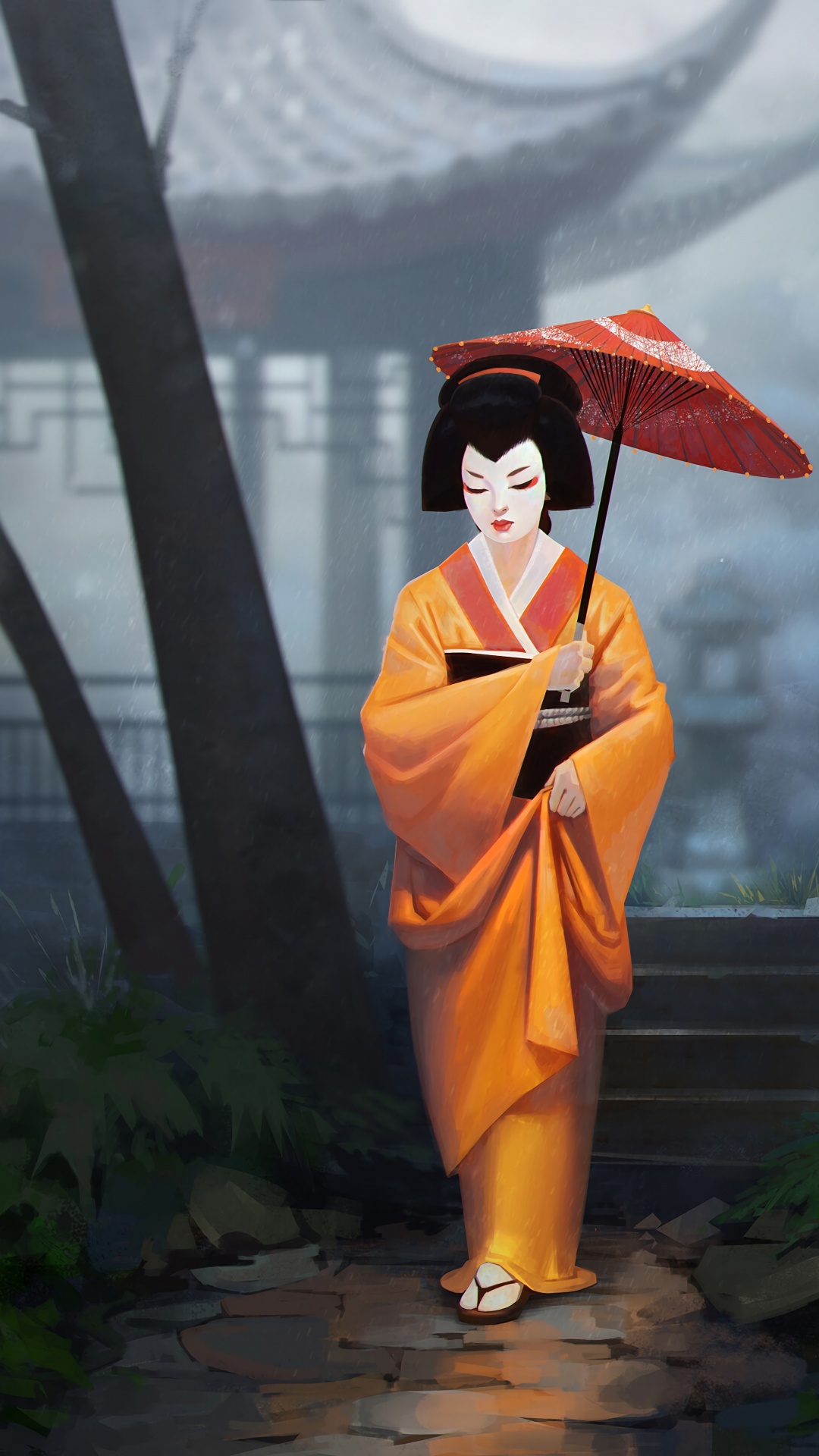 Woman in Orange Kimono Standing on Stairs. Wallpaper in 1080x1920 Resolution