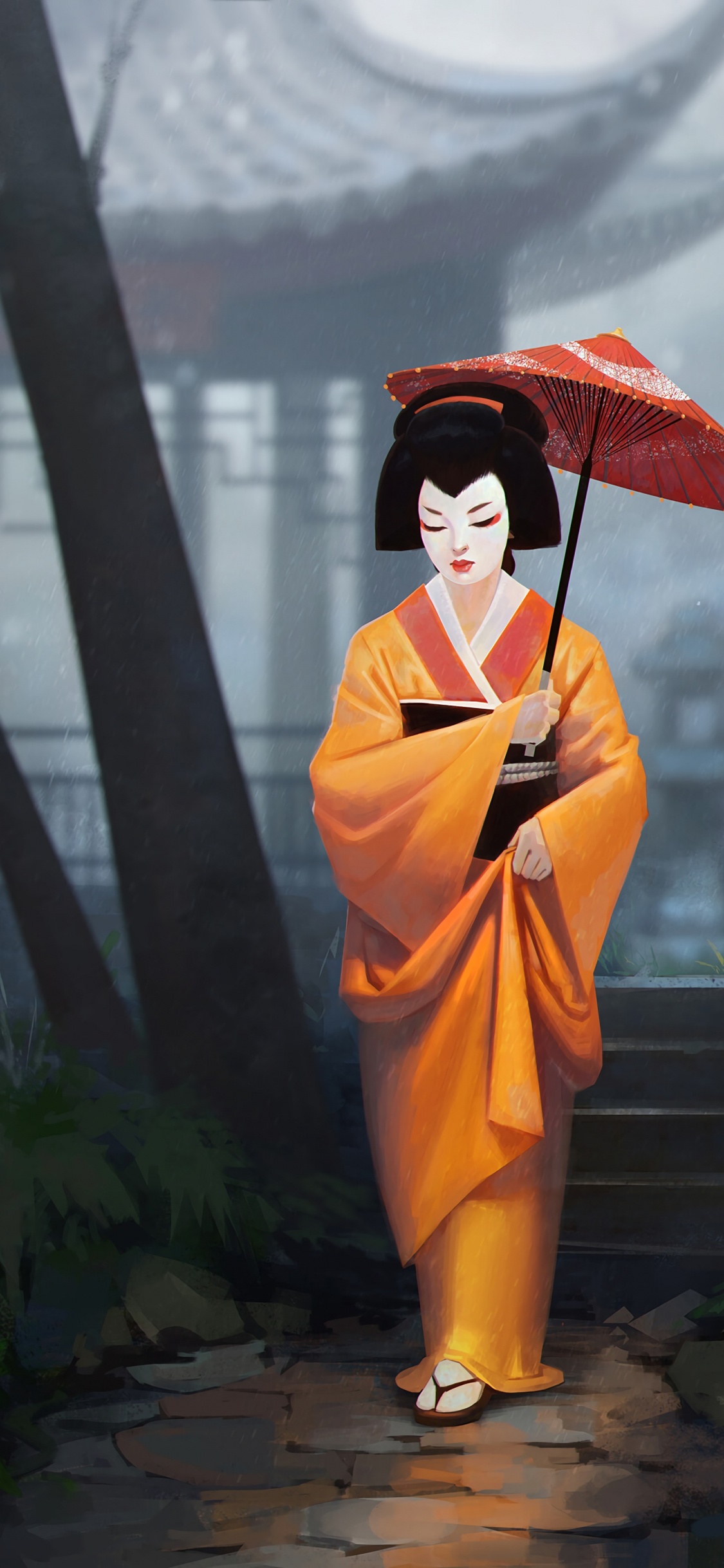 Woman in Orange Kimono Standing on Stairs. Wallpaper in 1125x2436 Resolution