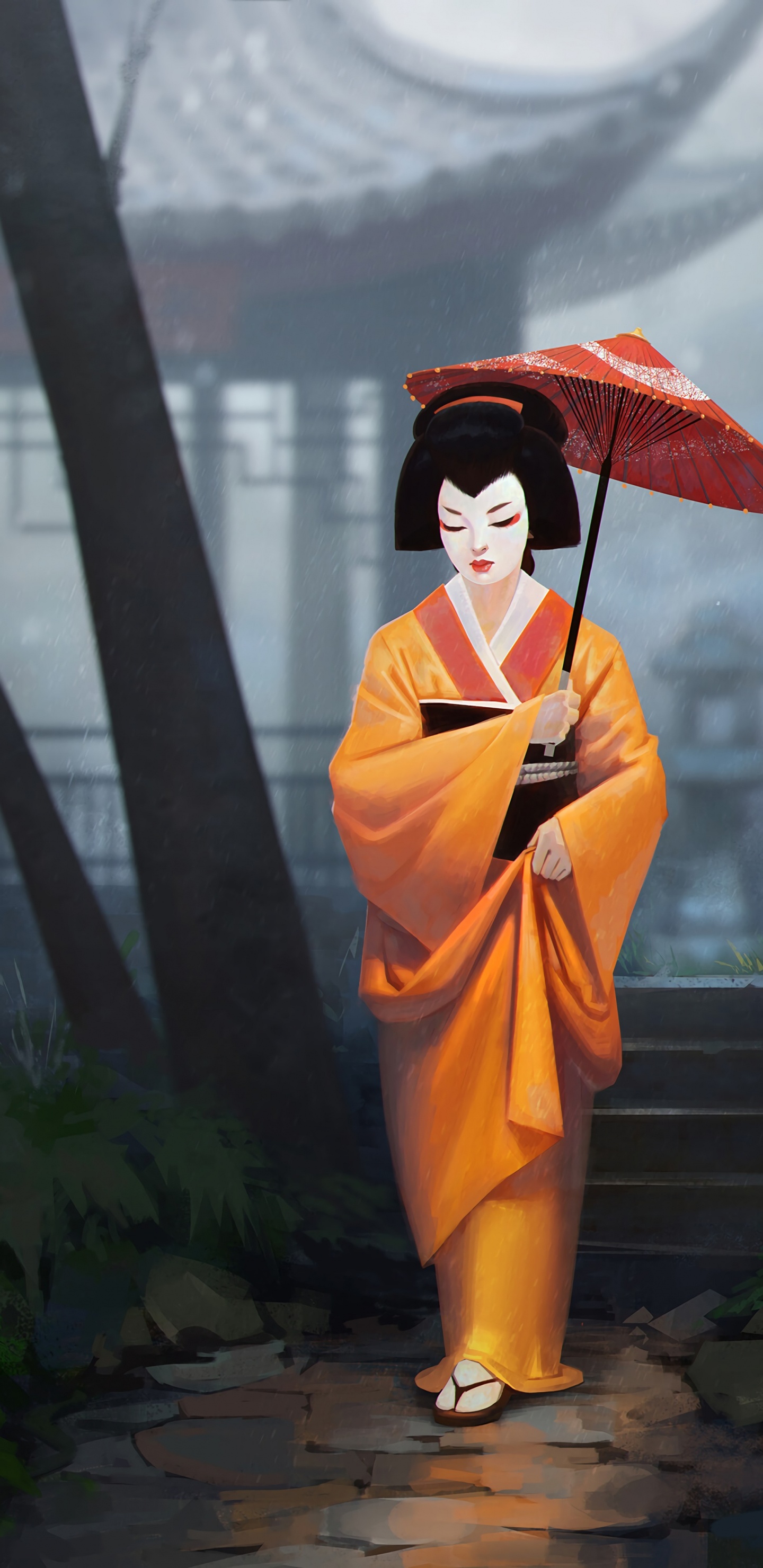 Woman in Orange Kimono Standing on Stairs. Wallpaper in 1440x2960 Resolution