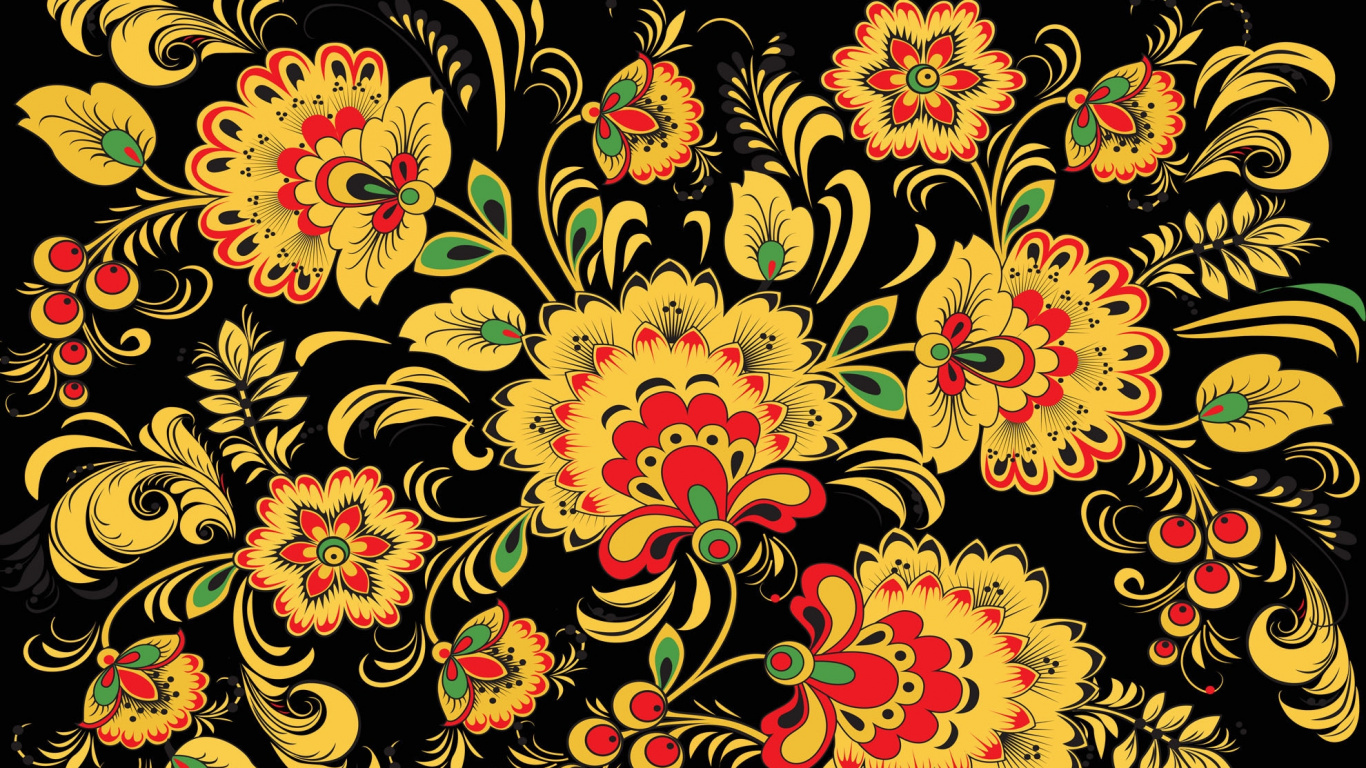 Textil Floral Negro Amarillo y Rosa. Wallpaper in 1366x768 Resolution