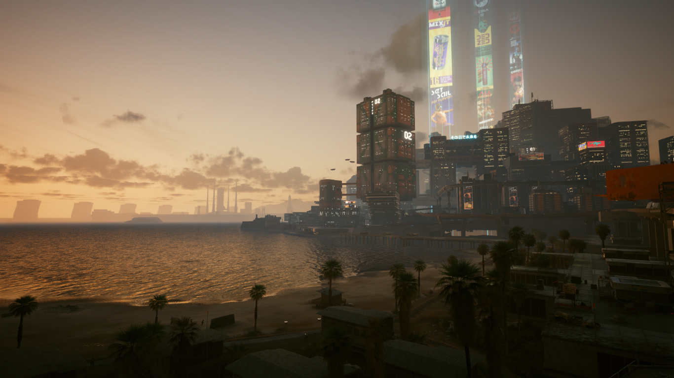 Cyberpunk, Cyberpunk 2077, Cyberpunk 2020, Skyline, Wasser. Wallpaper in 1366x768 Resolution