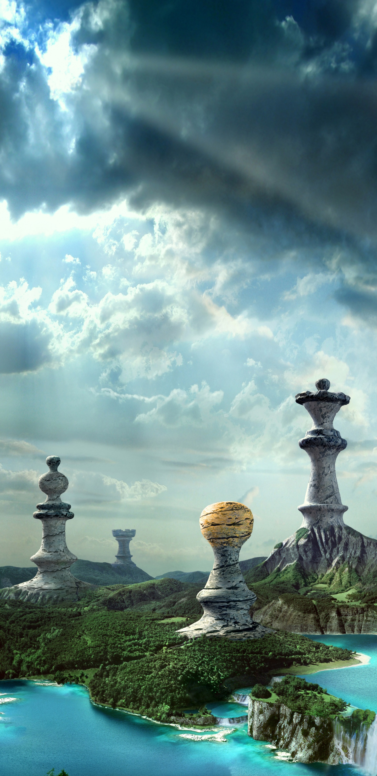 Pierre Blanche et Grise Avec Plan D'eau Sous Ciel Nuageux. Wallpaper in 1440x2960 Resolution