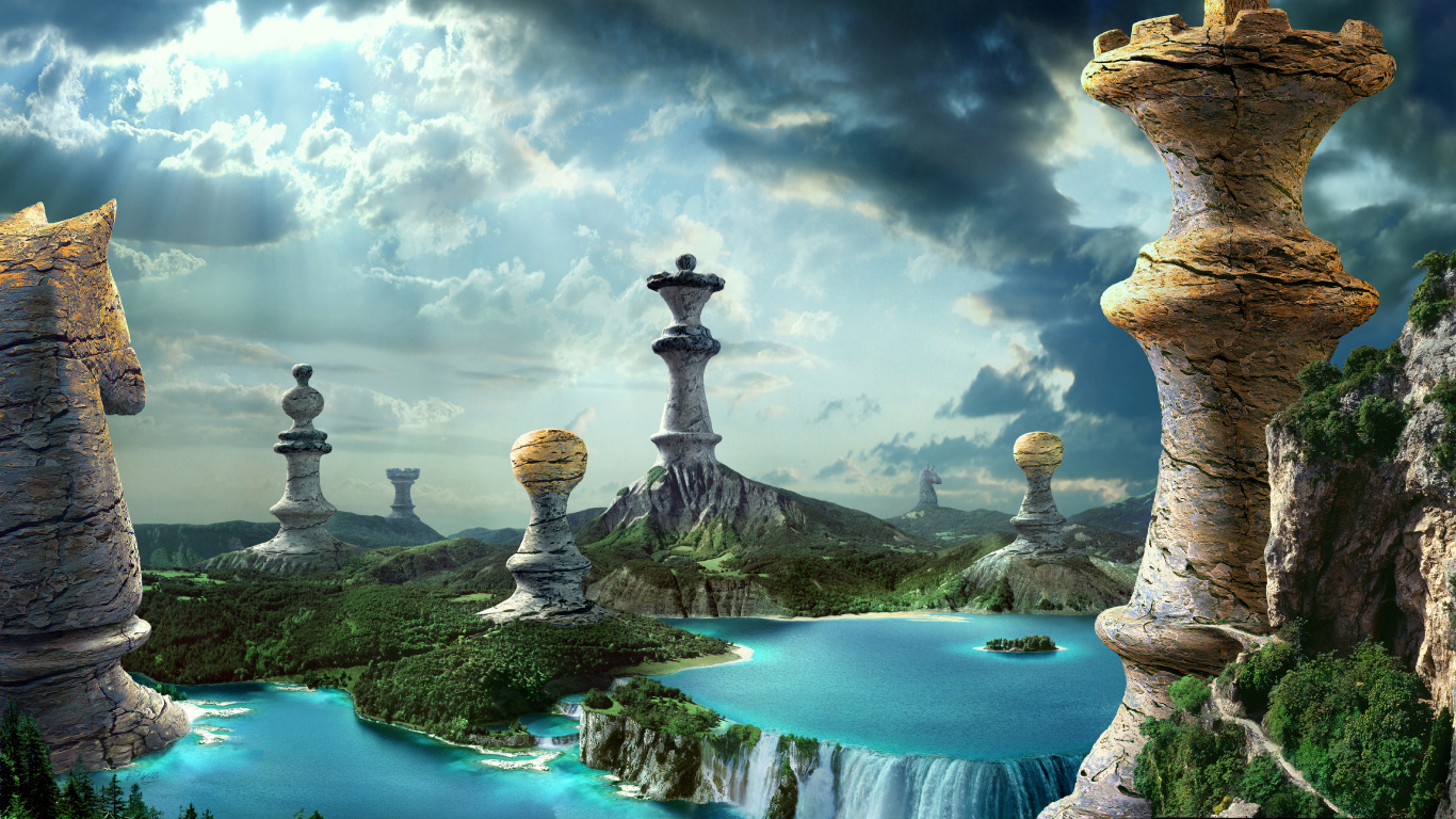 White and Gray Stone With Body of Water Under Cloudy Sky. Wallpaper in 1366x768 Resolution