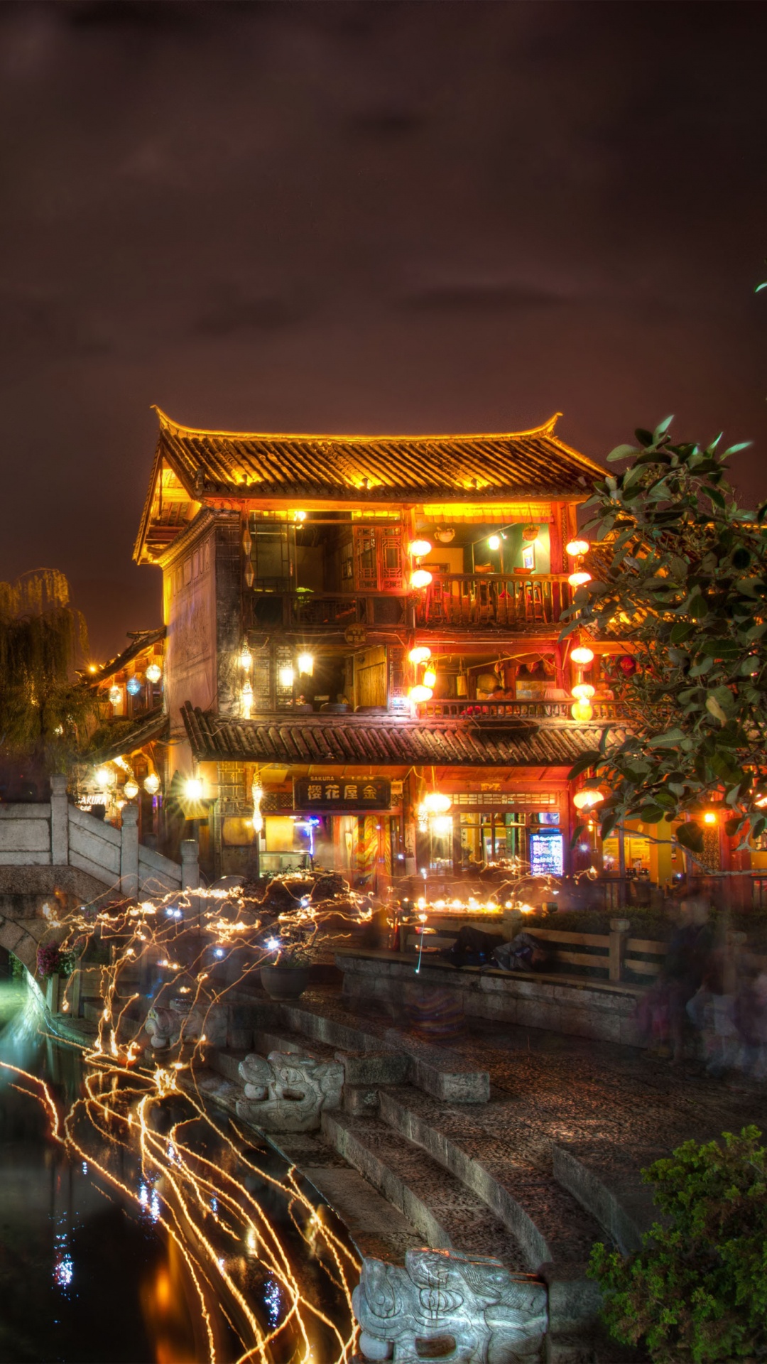 城市, 反射, li Jiang, 晚上, 旅游景点 壁纸 1080x1920 允许