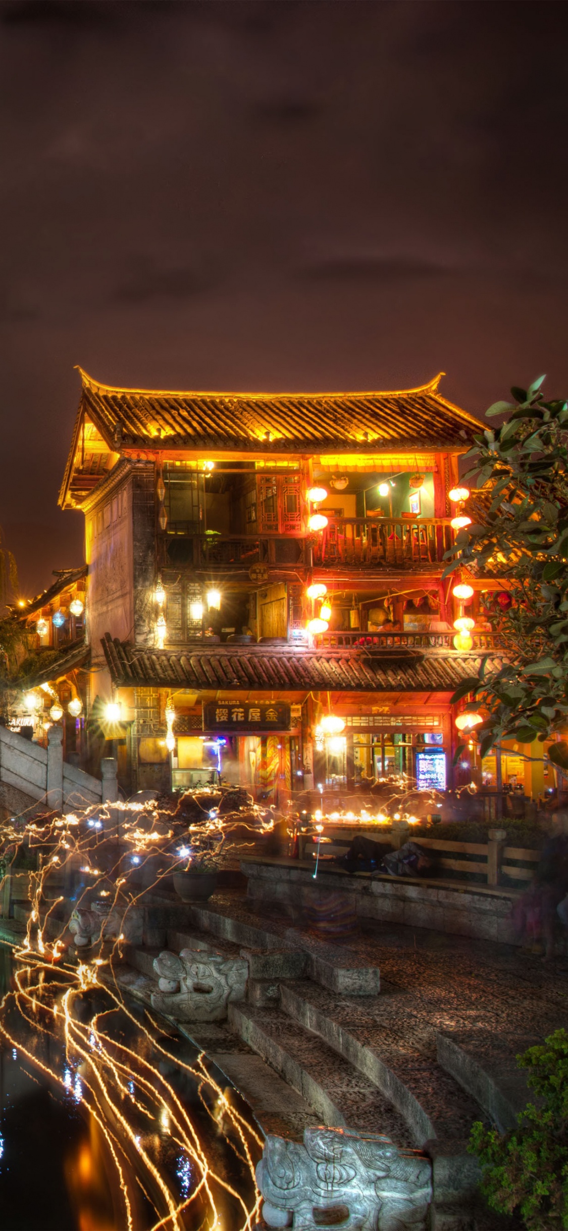 城市, 反射, li Jiang, 晚上, 旅游景点 壁纸 1125x2436 允许