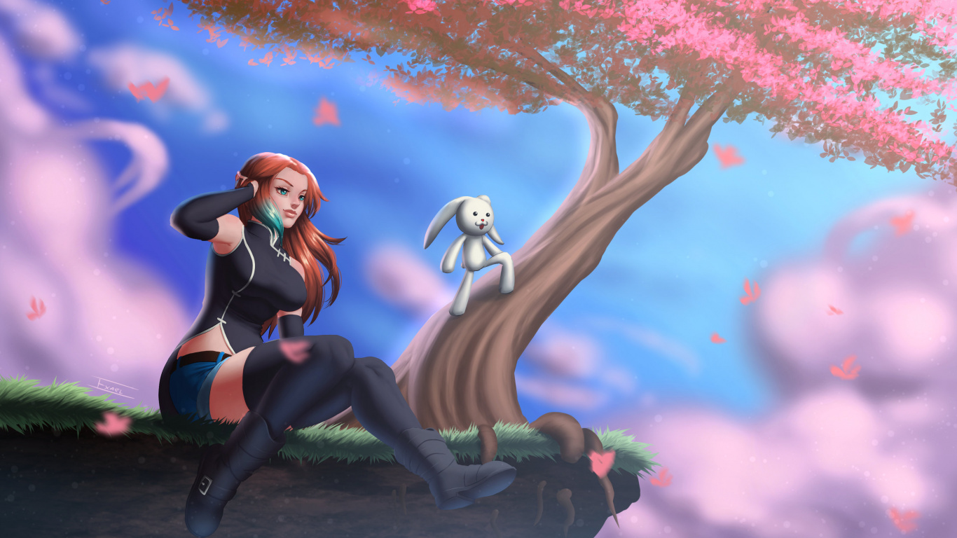 Mujer en Camiseta Negra y Pantalón Negro Sentado en Personaje de Dibujos Animados de Animales Blancos. Wallpaper in 1366x768 Resolution