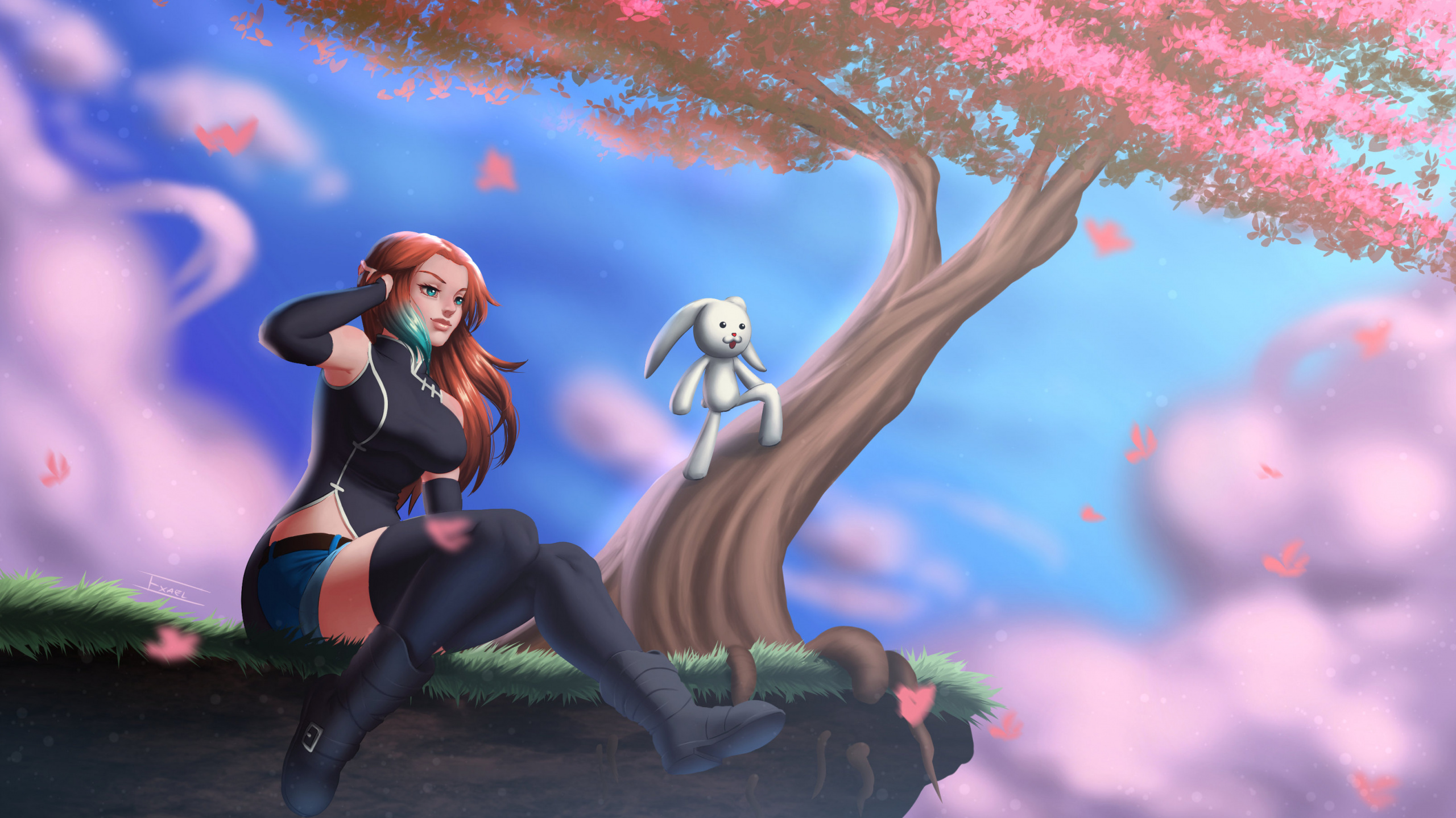 Mujer en Camiseta Negra y Pantalón Negro Sentado en Personaje de Dibujos Animados de Animales Blancos. Wallpaper in 2560x1440 Resolution