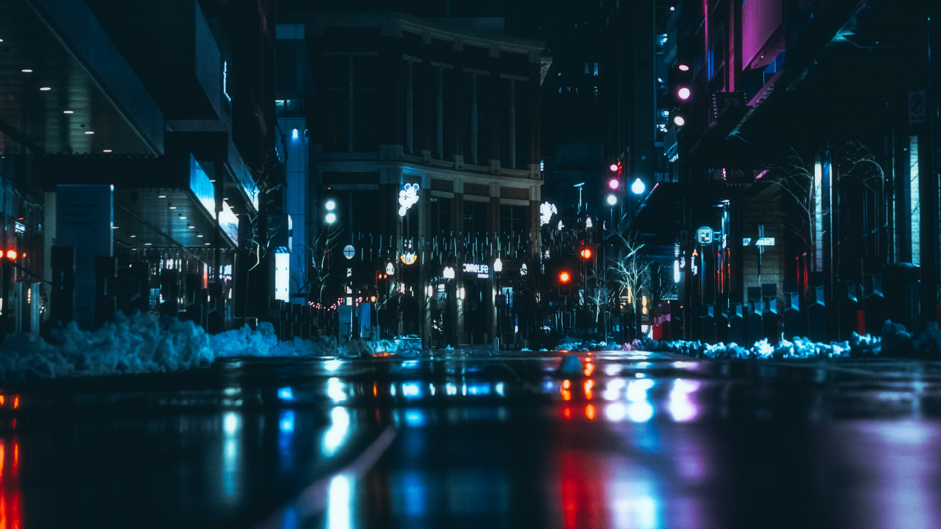 Rue de la Ville Avec Des Voitures Pendant la Nuit. Wallpaper in 1366x768 Resolution