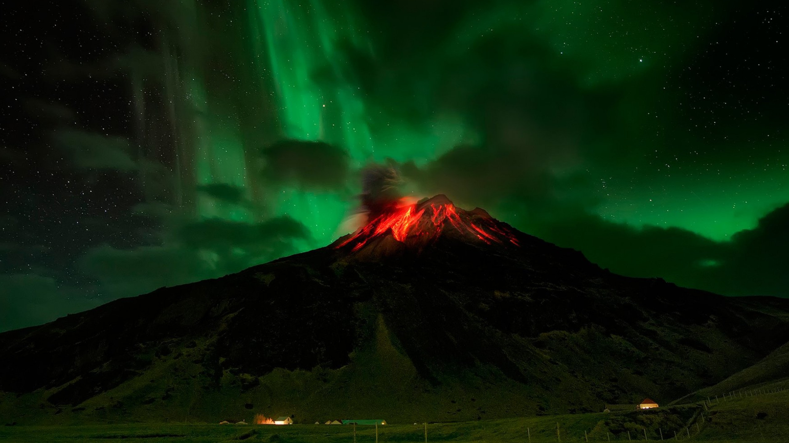 Volcano, Aurora, Nature, Green, Volcanic Landform. Wallpaper in 2560x1440 Resolution