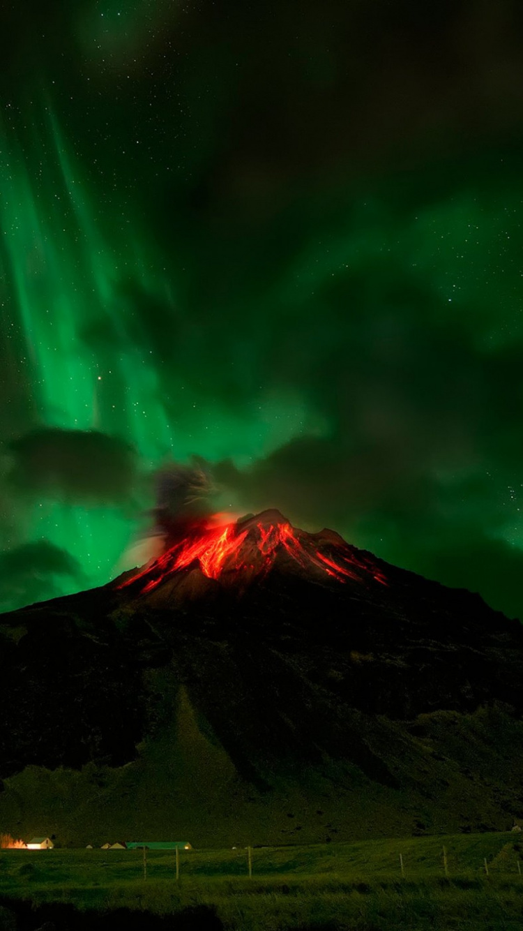 奥罗拉, 性质, 绿色的, 火山的地貌, 类型的火山爆发 壁纸 750x1334 允许