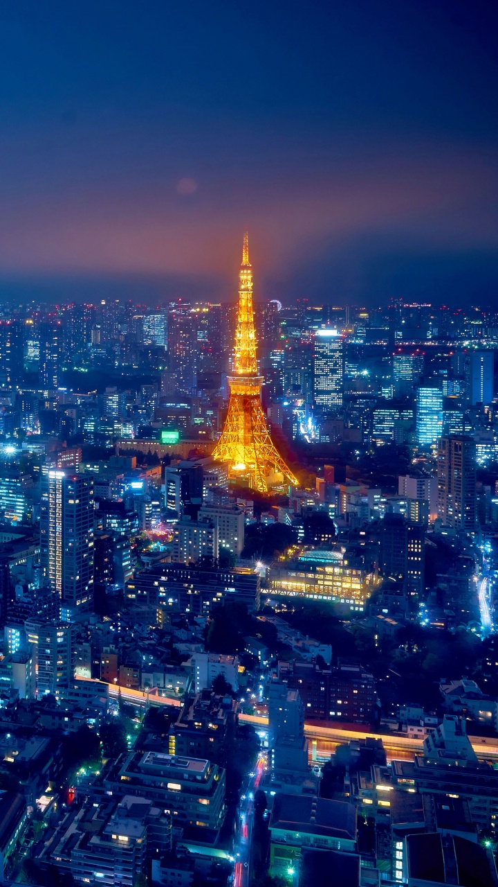 Ville Avec Des Immeubles de Grande Hauteur Pendant la Nuit. Wallpaper in 720x1280 Resolution