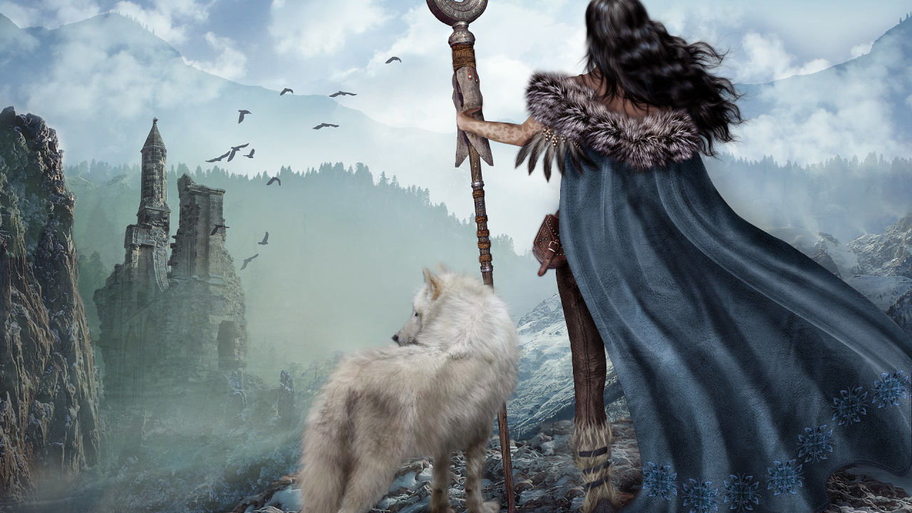 Femme en Robe Bleue Debout à Côté de la Peinture Chien Blanc. Wallpaper in 1280x720 Resolution