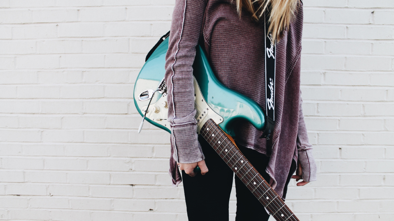 Guitar, Electric Guitar, String Instrument, Clothing, Green. Wallpaper in 1366x768 Resolution