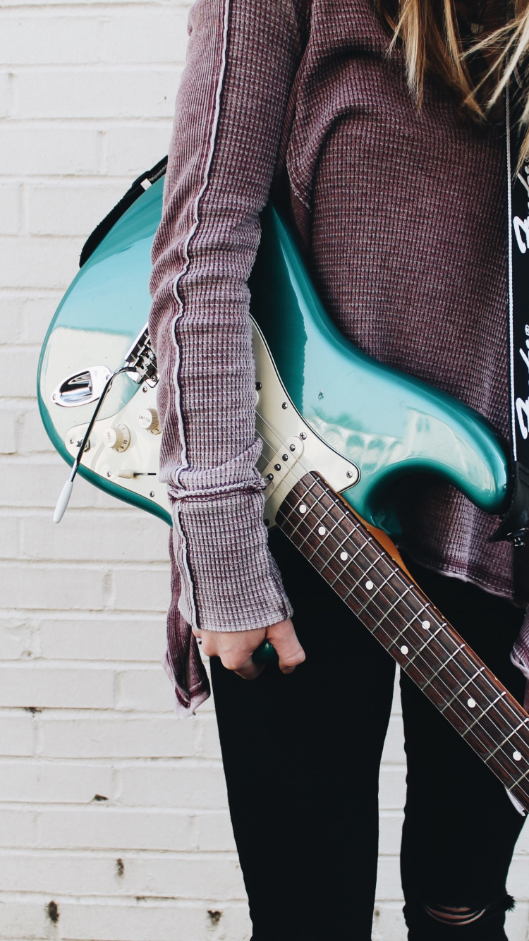 Guitar, Electric Guitar, String Instrument, Clothing, Green. Wallpaper in 750x1334 Resolution