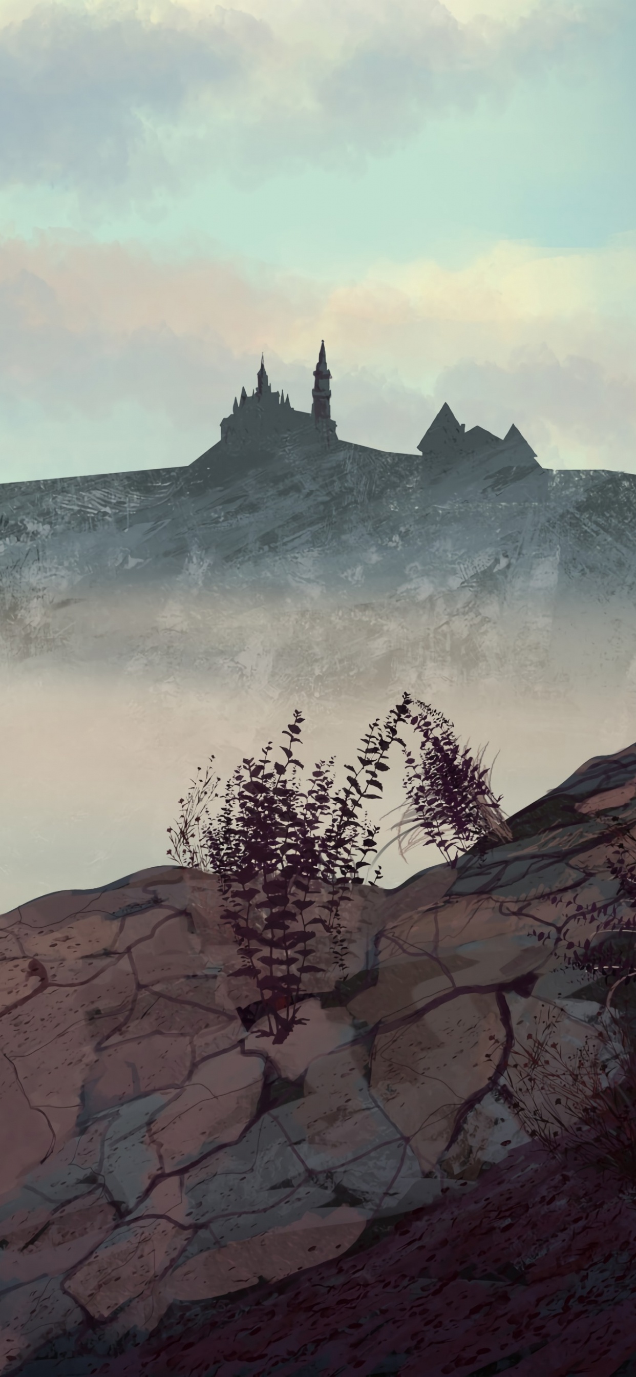 Green Tree on Mountain Under White Clouds. Wallpaper in 1242x2688 Resolution