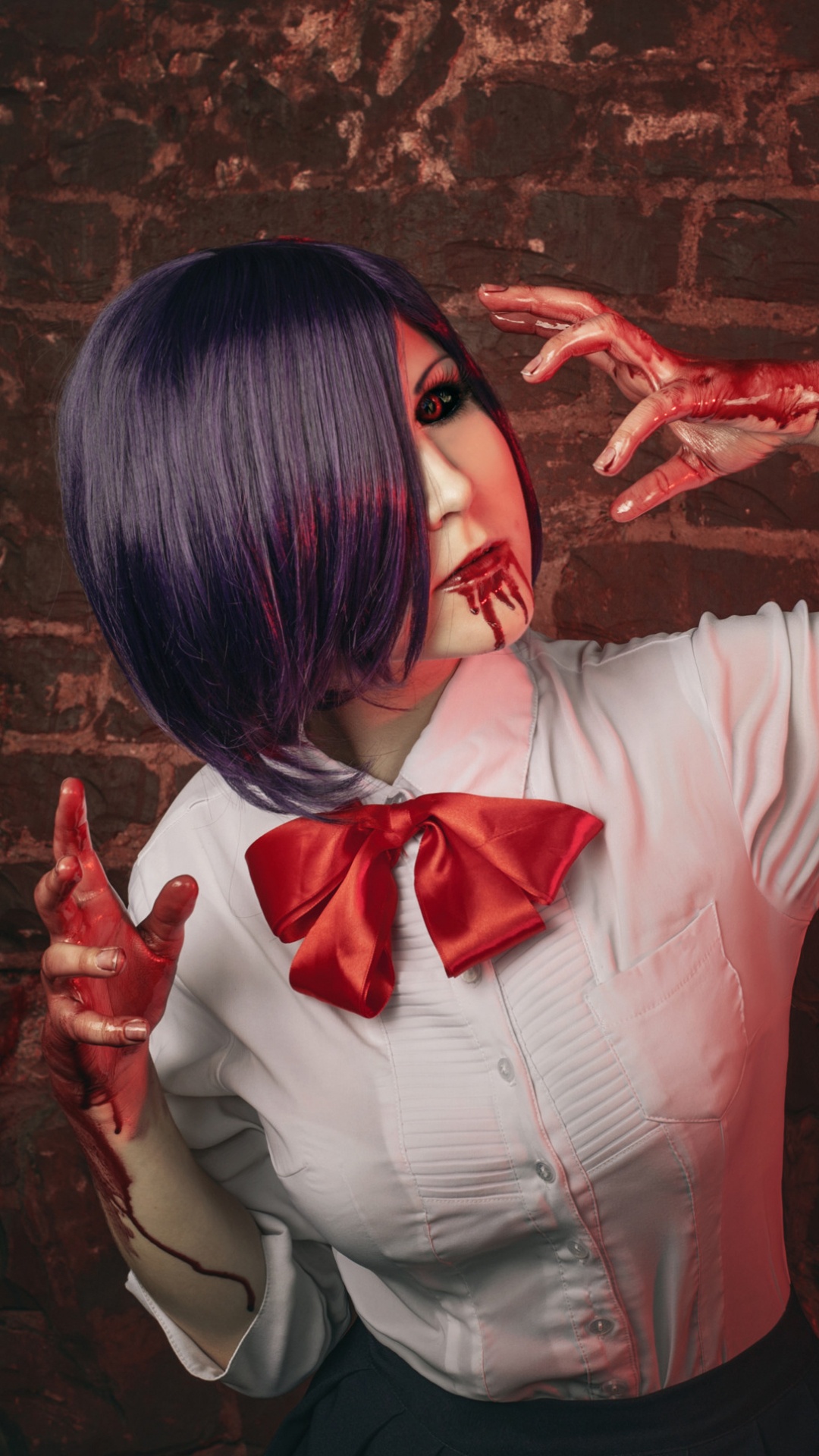 Woman in White Long Sleeve Shirt Standing Beside Red Brick Wall. Wallpaper in 1080x1920 Resolution