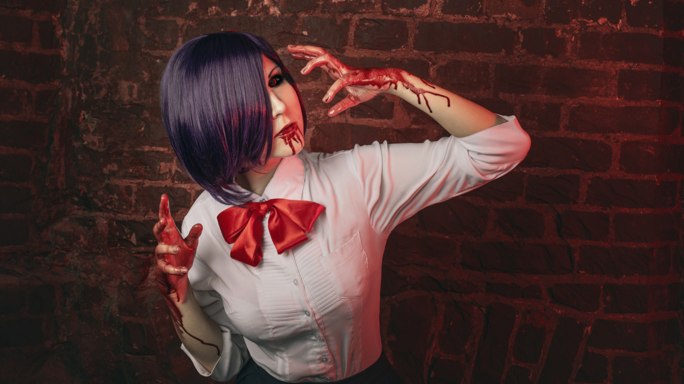 Woman in White Long Sleeve Shirt Standing Beside Red Brick Wall. Wallpaper in 1366x768 Resolution