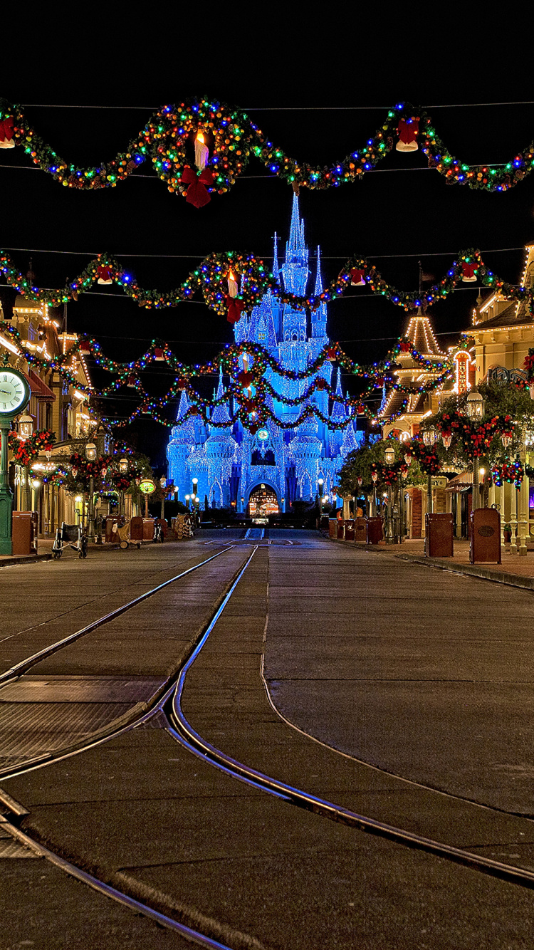 灰姑娘的城堡, 迪士尼公司, 圣诞彩灯, 光, 圣诞装饰 壁纸 750x1334 允许