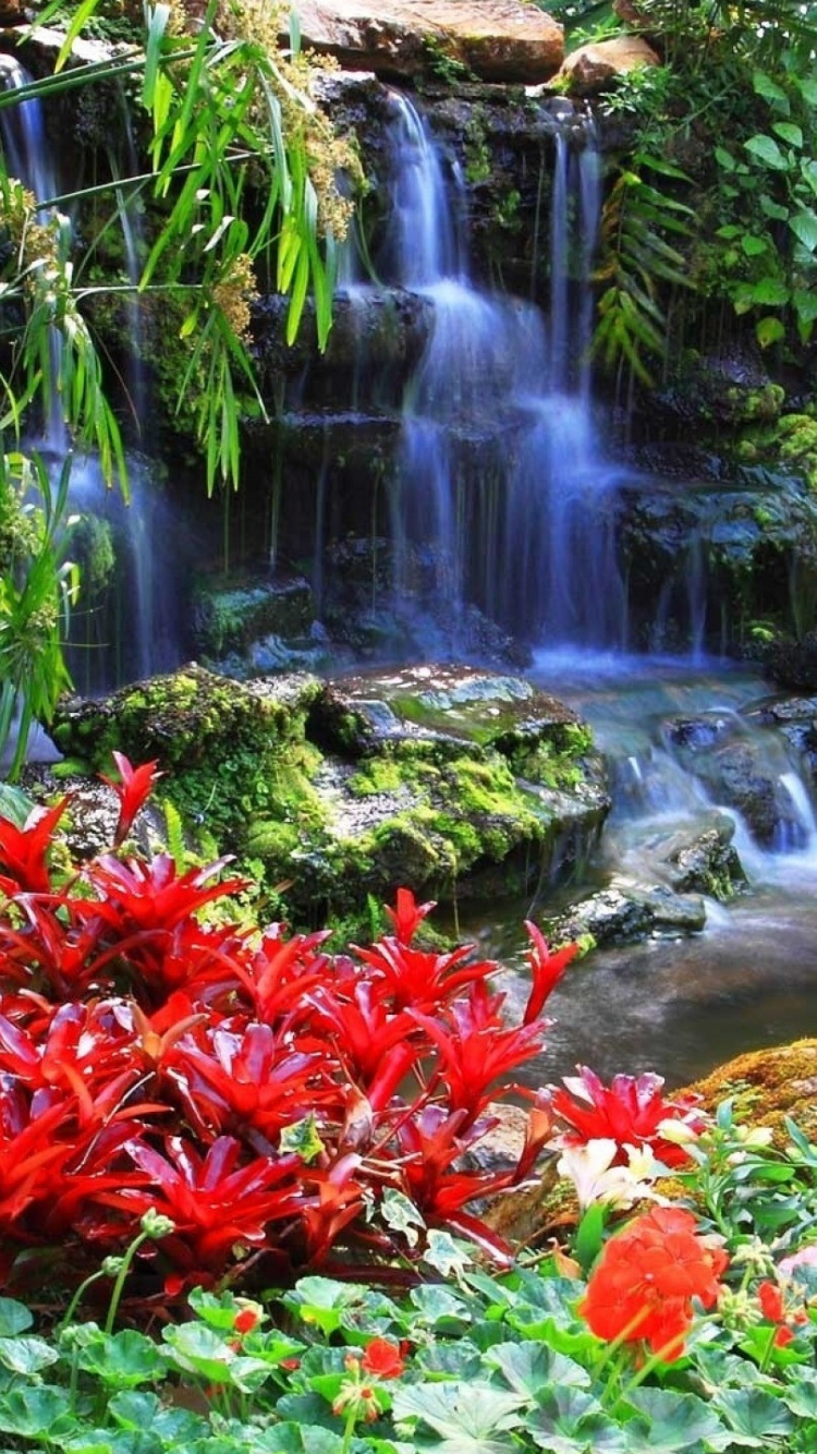 Water Falls With Red Flowers. Wallpaper in 750x1334 Resolution
