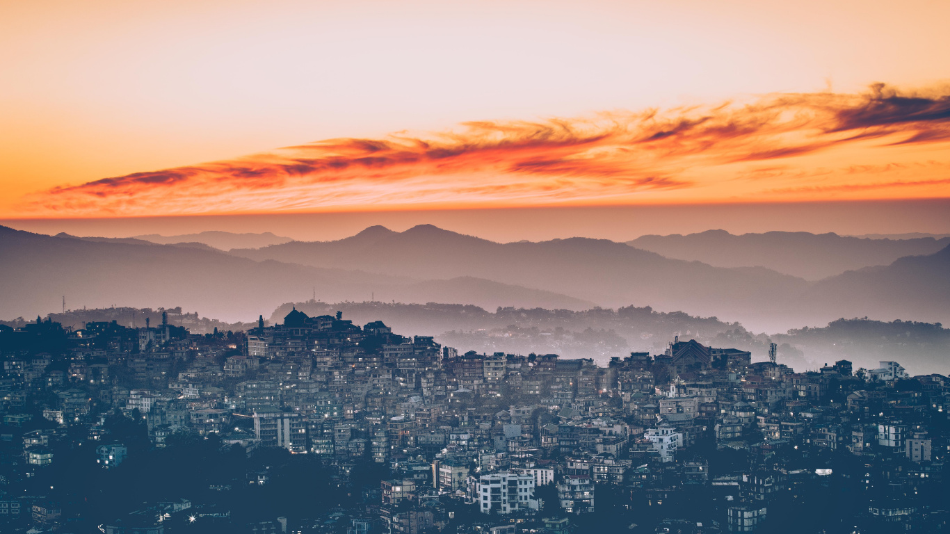 Aerial View of City During Sunset. Wallpaper in 1366x768 Resolution