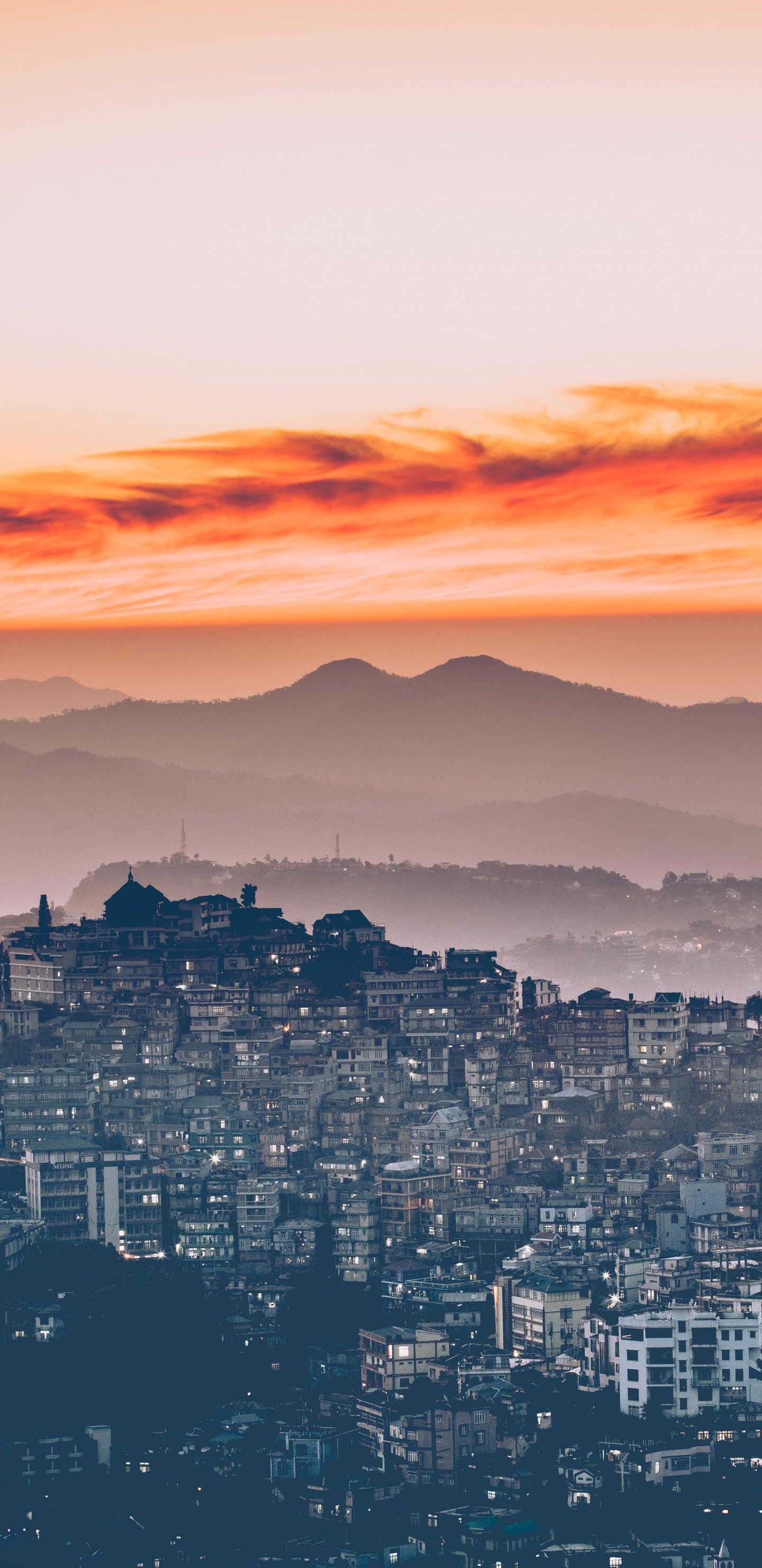 Aerial View of City During Sunset. Wallpaper in 1440x2960 Resolution