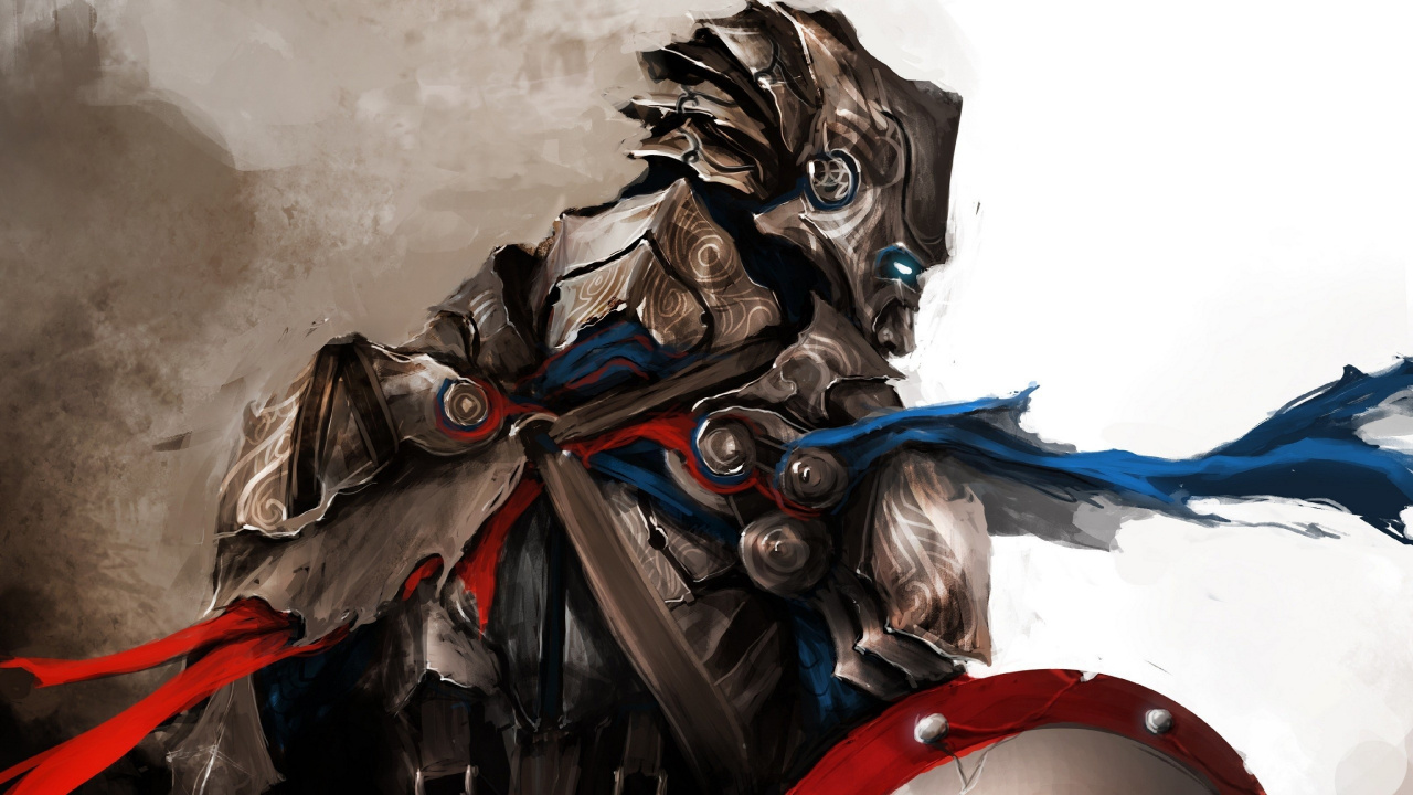 Homme en Costume Bleu et Rouge Tenant Une Illustration D'épée. Wallpaper in 1280x720 Resolution