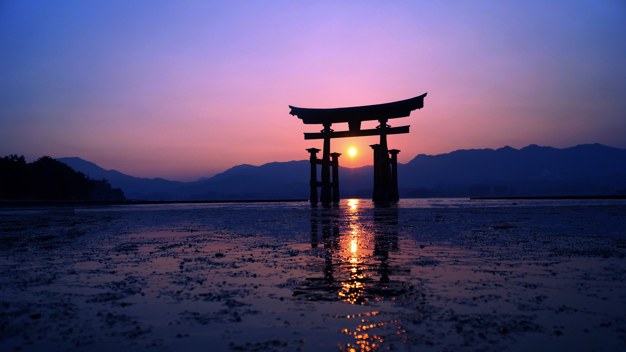 Itsukushima-Schrein, Nonomiya-Schrein, Torii, Hakone-Schrein, Mount Fuji. Wallpaper in 1280x720 Resolution