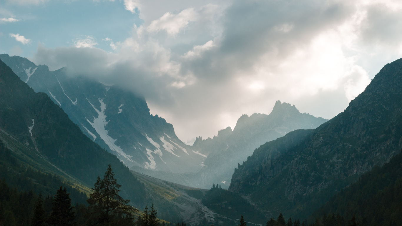 Cloud, Mountain, Natural Landscape, Tree, Highland. Wallpaper in 1366x768 Resolution