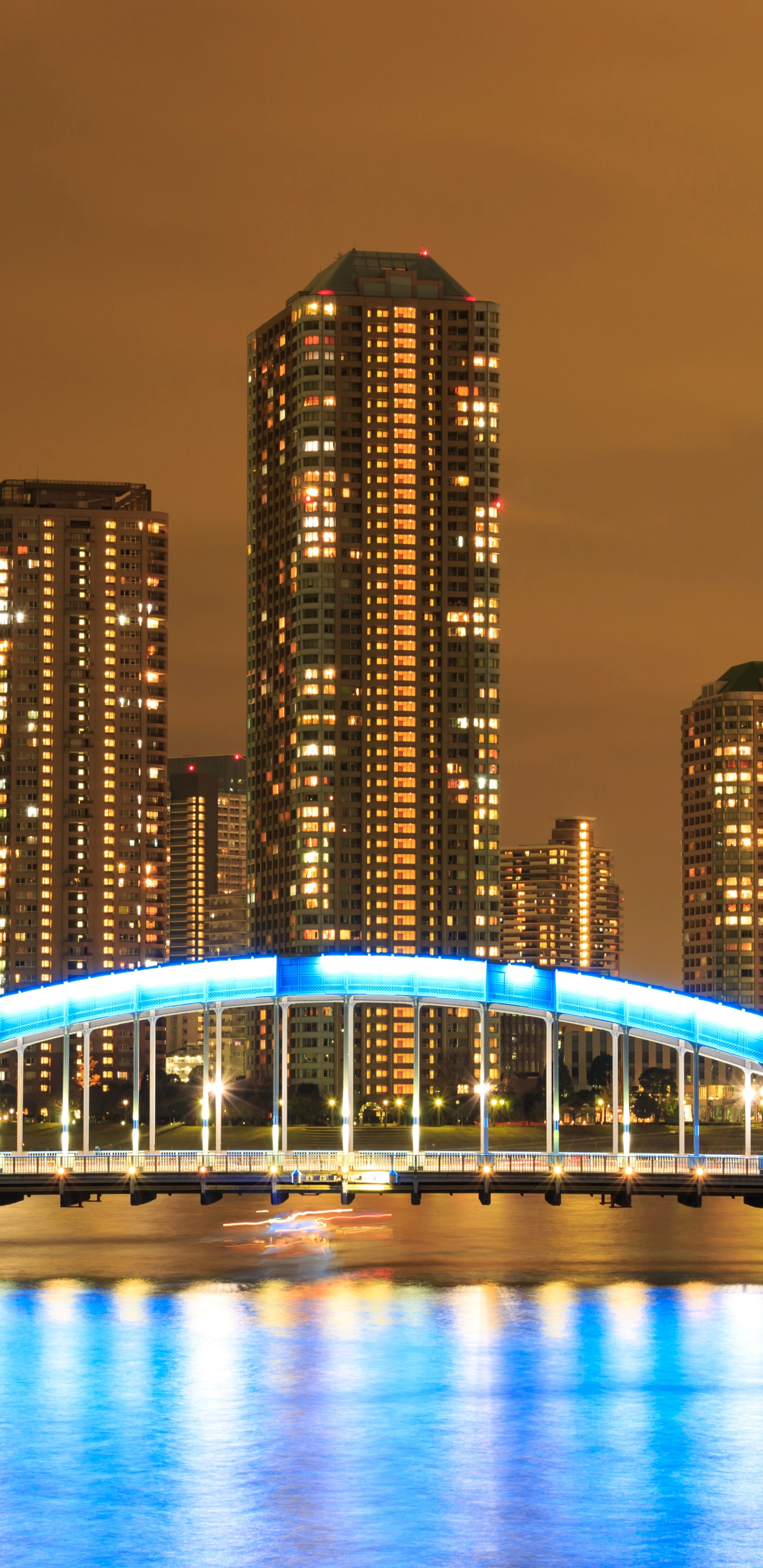 Beleuchtete Brücke Über Gewässer in Der Nähe Von Stadtgebäuden Während Der Nacht. Wallpaper in 1440x2960 Resolution