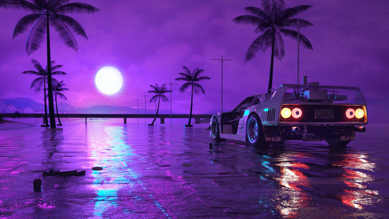 Vaporwave, Cars, Audi rs 2 Avant, Synthwave, Water. Wallpaper in 1366x768 Resolution