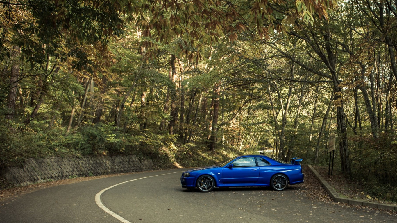 Blaues Coupe Auf Der Straße Zwischen Bäumen Tagsüber. Wallpaper in 1366x768 Resolution