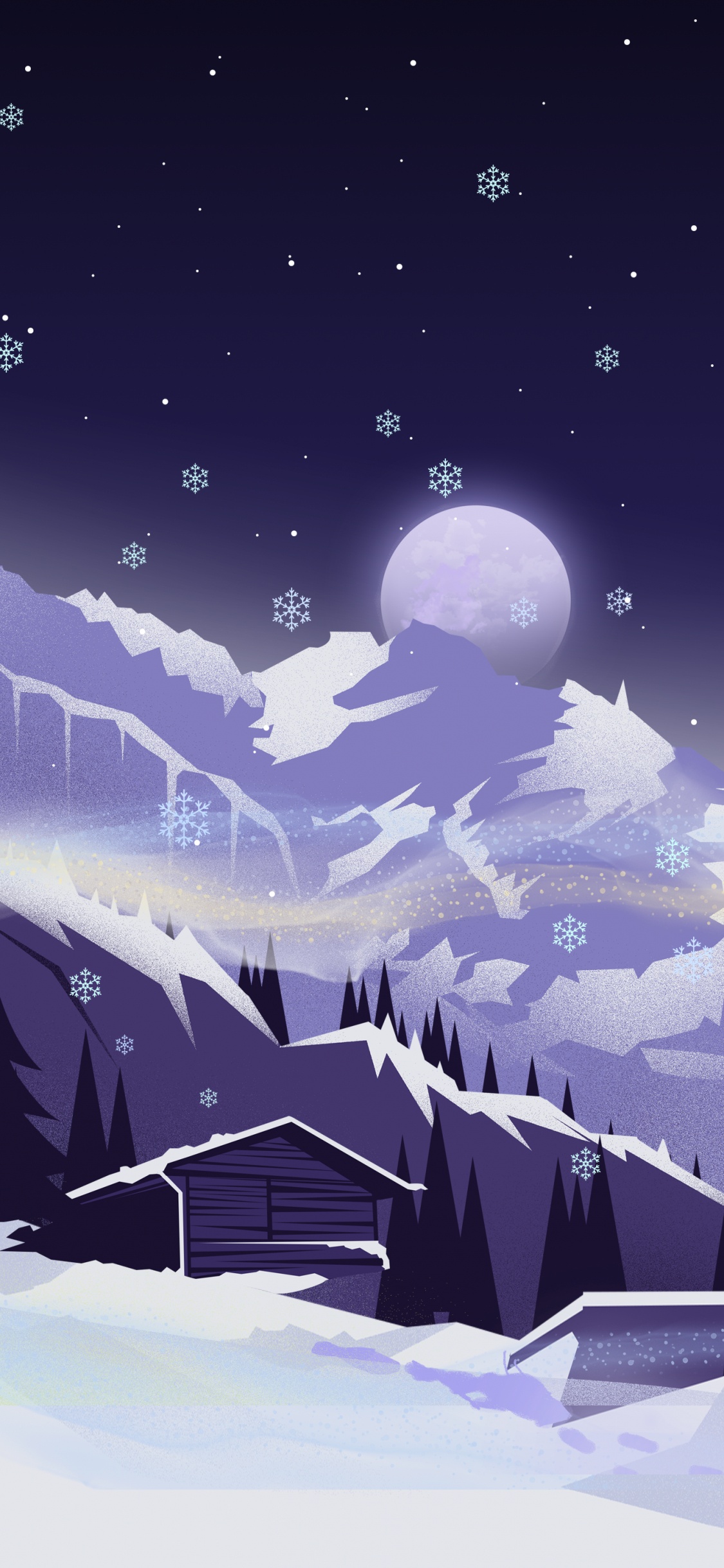 Illustration, Schnee, Atmosphäre, Mond, Azure. Wallpaper in 1125x2436 Resolution