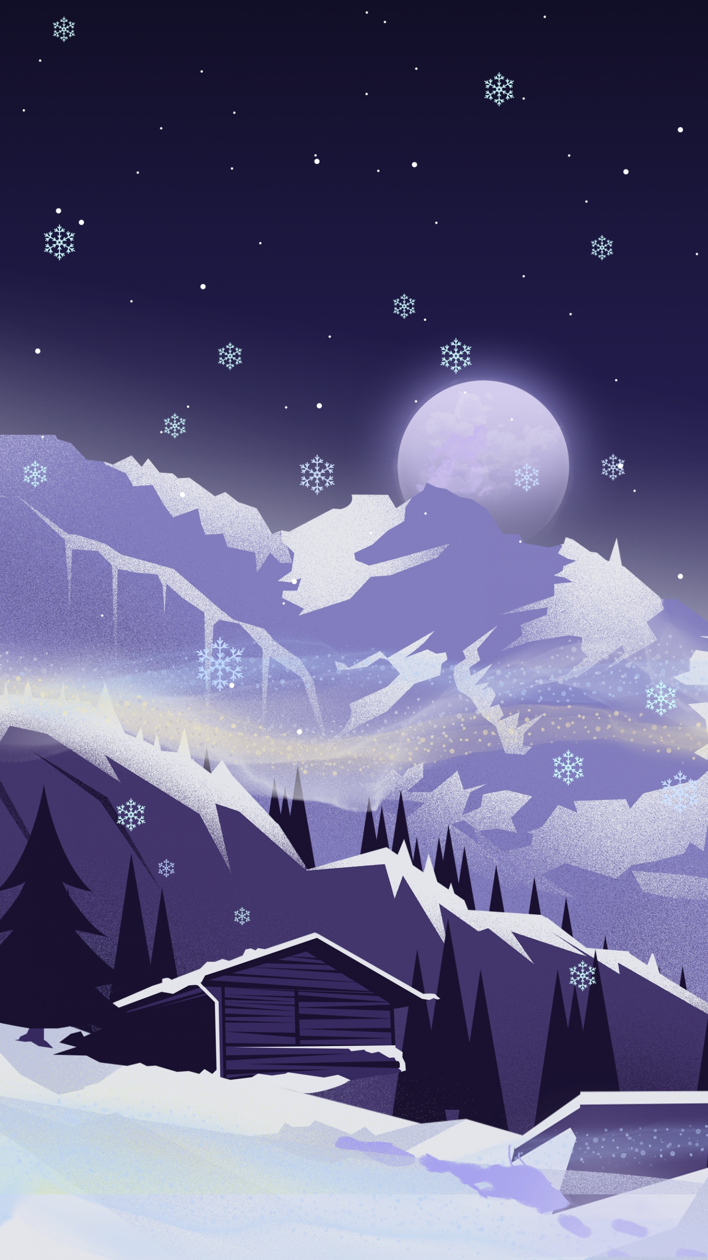 Illustration, Schnee, Atmosphäre, Mond, Azure. Wallpaper in 1440x2560 Resolution