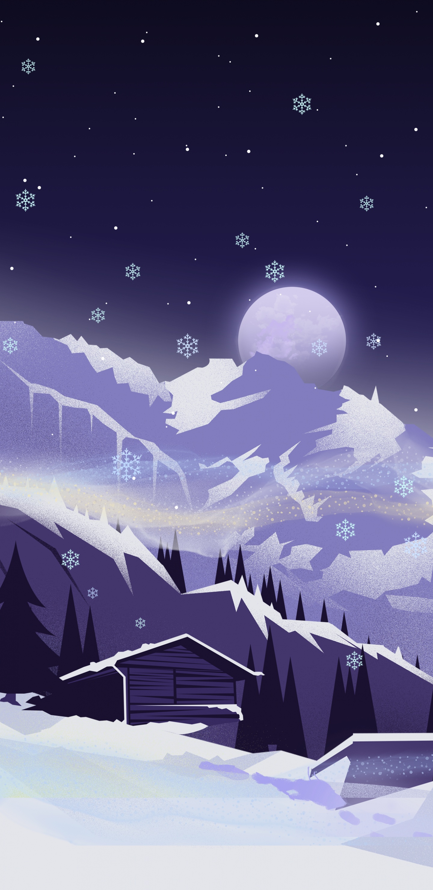 Illustration, Schnee, Atmosphäre, Mond, Azure. Wallpaper in 1440x2960 Resolution