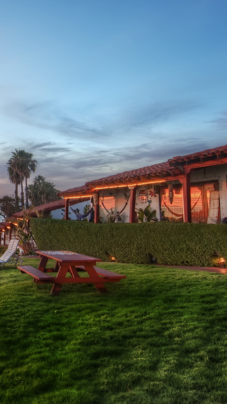 Champ D'herbe Verte Avec Des Arbres et Des Bancs Pendant le Coucher du Soleil. Wallpaper in 750x1334 Resolution