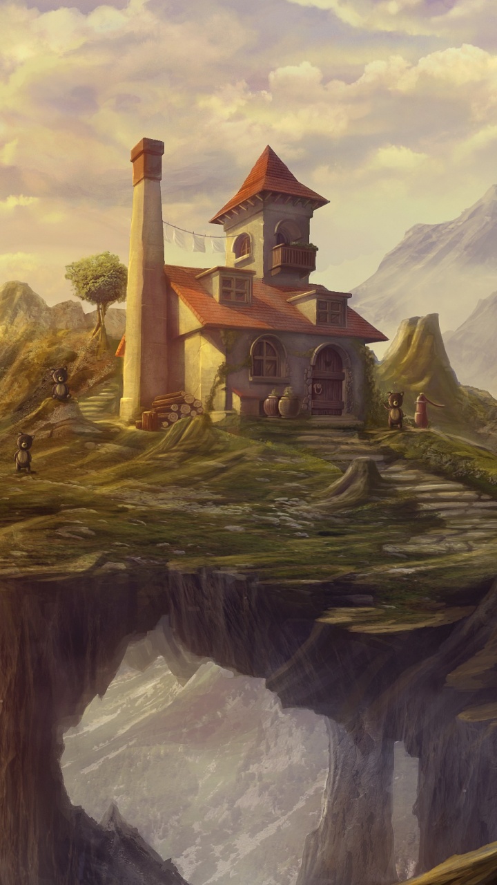 Maison Brune au Sommet de la Peinture de Montagne. Wallpaper in 720x1280 Resolution